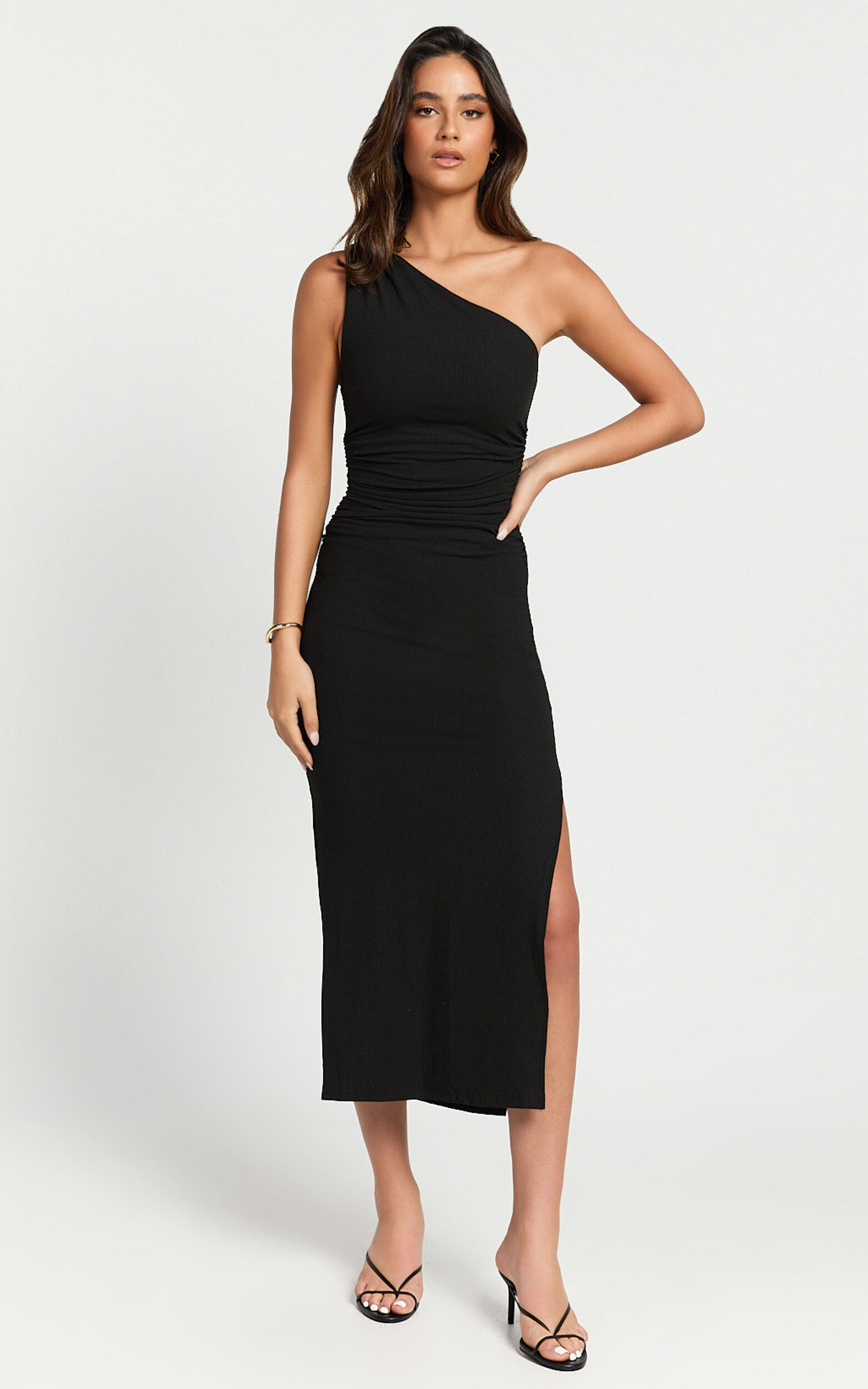 Rae Midi Dress - Ribbed One Shoulder Ruched Dress in Black