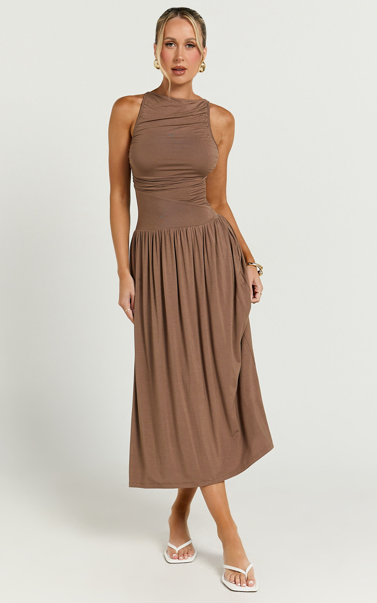 Anciel Midi Dress - Ruched Drop Waist Dress in Chocolate