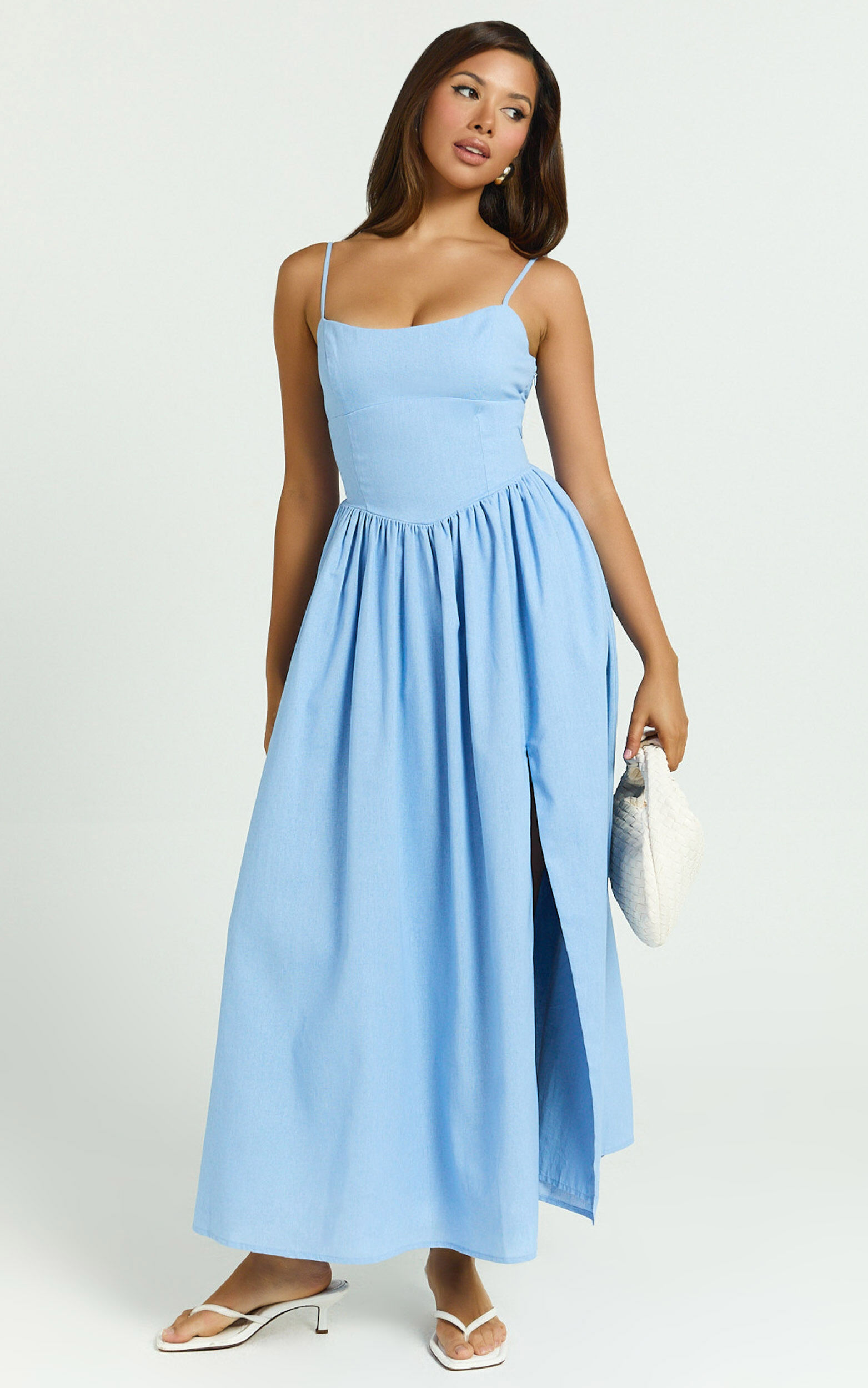 Morris Midi Dress - Linen Scoop Neck Gathered Dress in Blue
