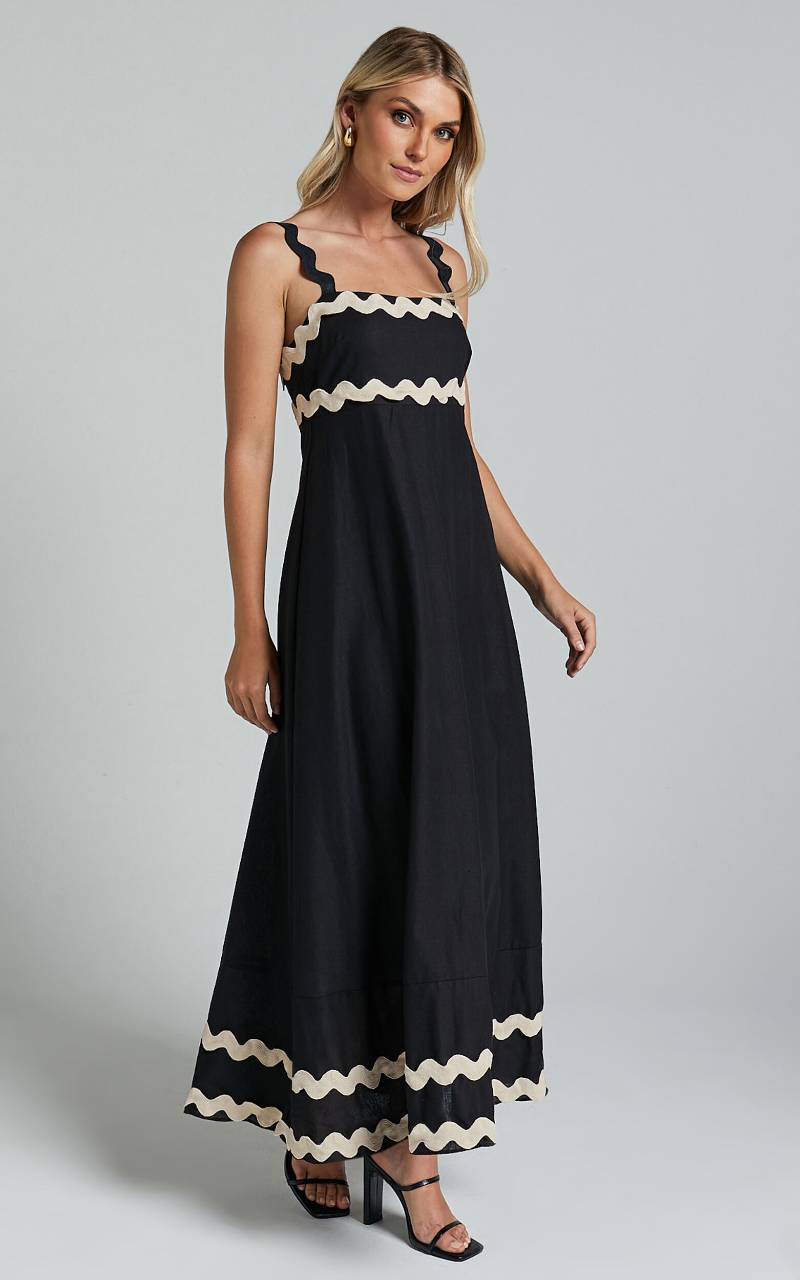 Wenalyn Midi Linen Dress - Straight Neck Wave Detail A Line Dress in Black with Beige Contrast Trim