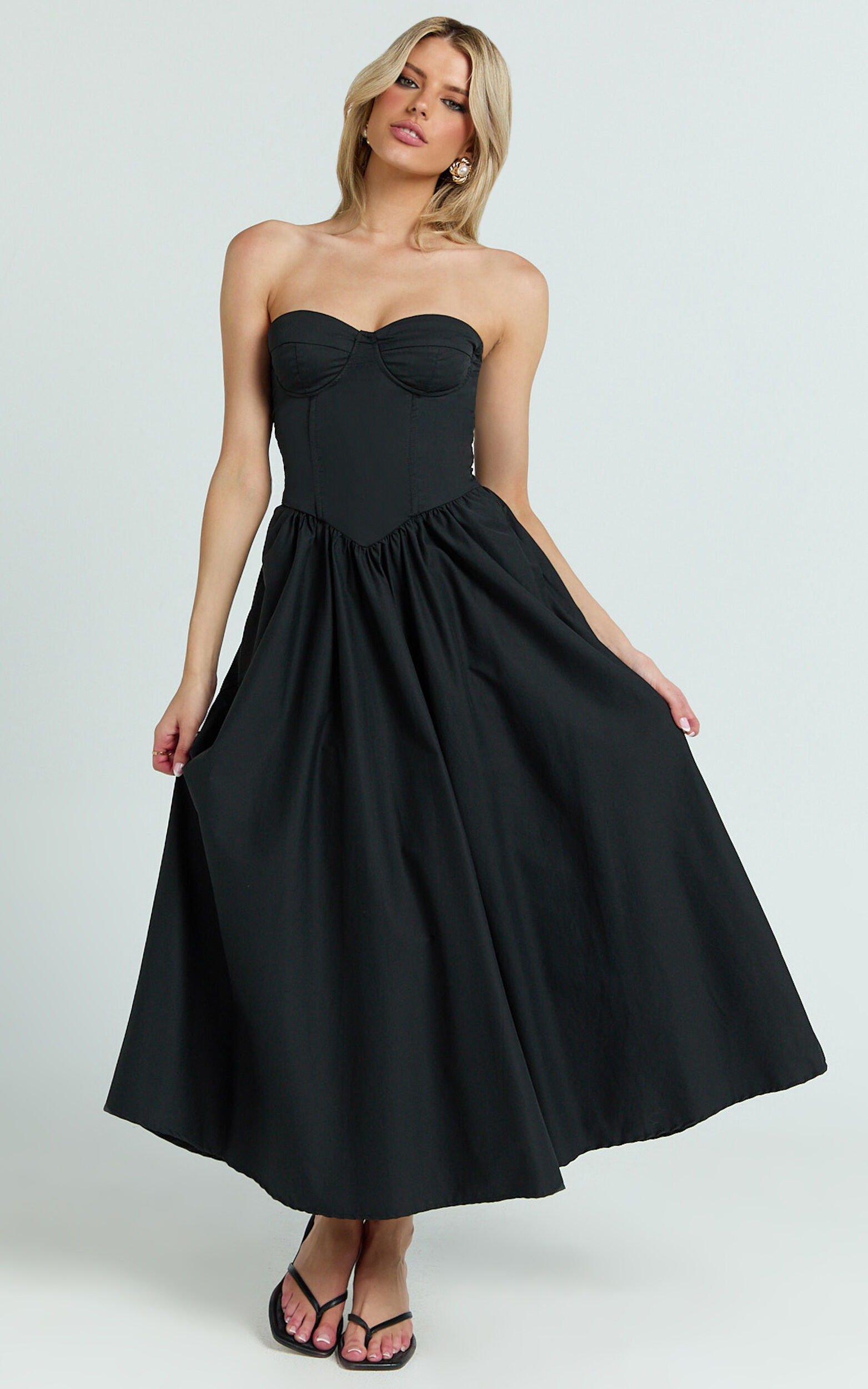 Daria Midi Dress - Strapless Corset Gathered Dress in Black