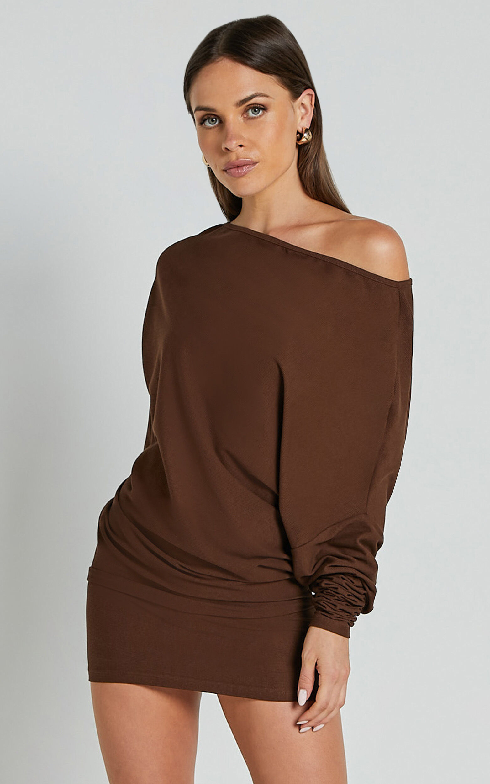 Fermina Mini Dress - Long Sleeve Bodycon Dress in Chocolate