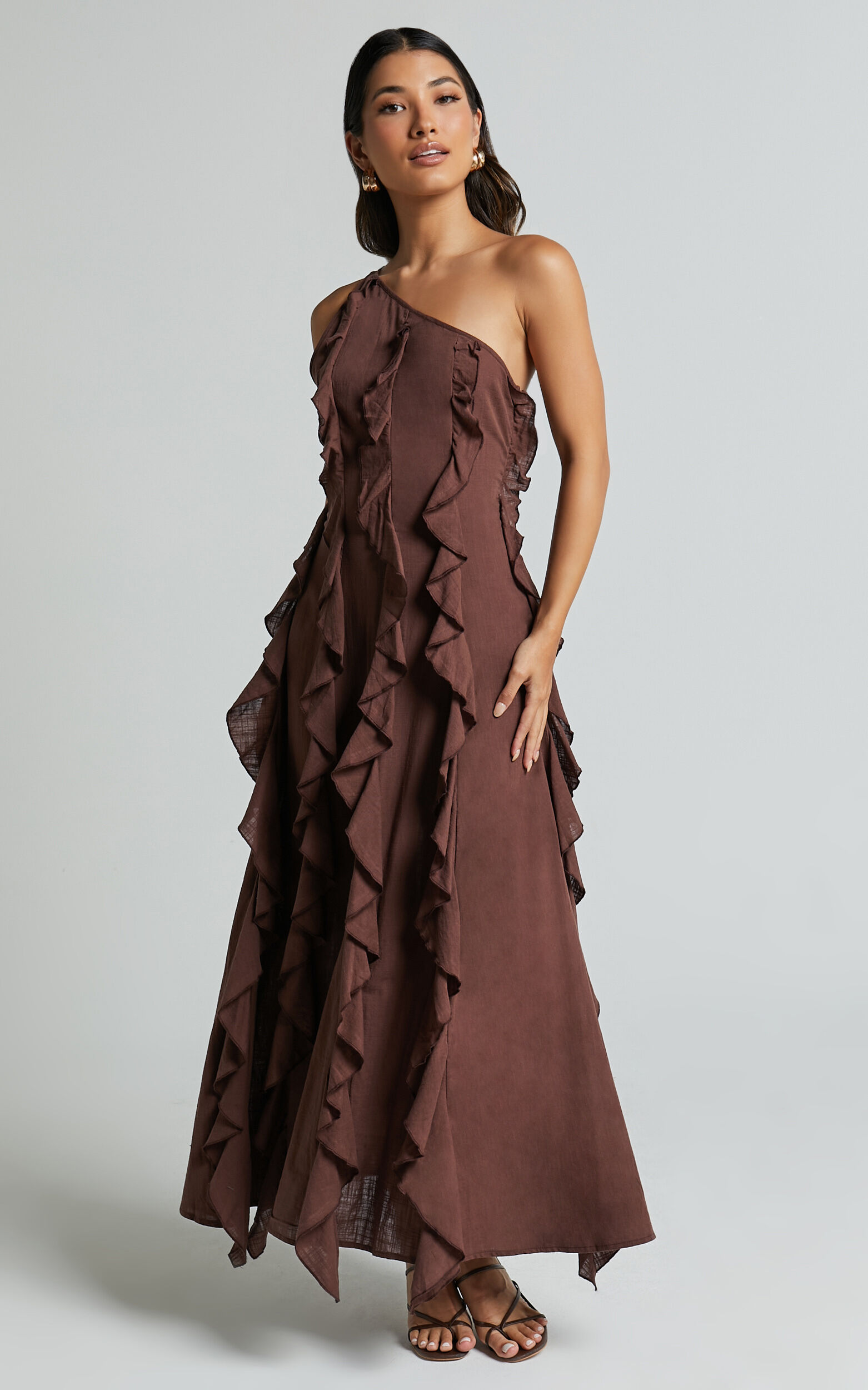 Britney Maxi Linen Dress - One Shoulder Ruffle Detail Dress in Chocolate