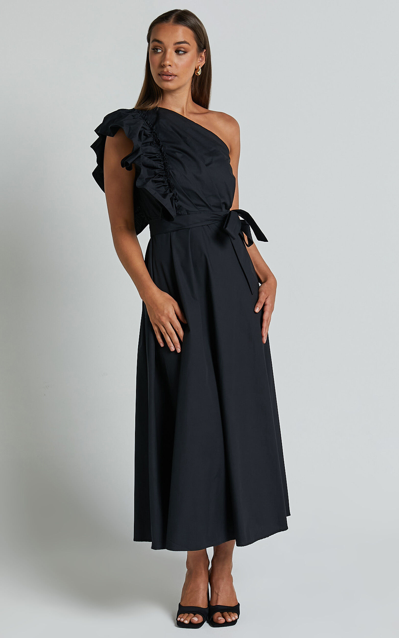 Almeida Midi Dress - One Shoulder Ruffle Detail Belted Dress in Black