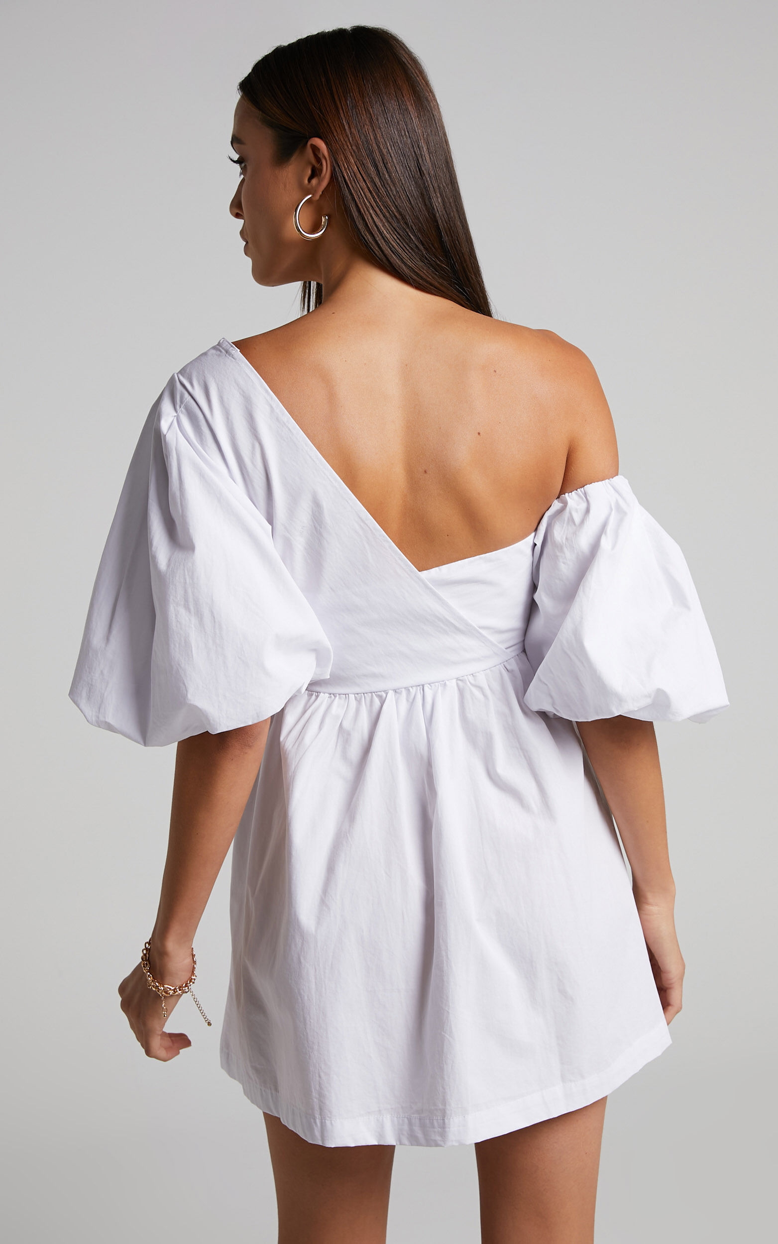 Sula Mini Dress - Asymmetric Off One Shoulder Puff Sleeve Dress in White