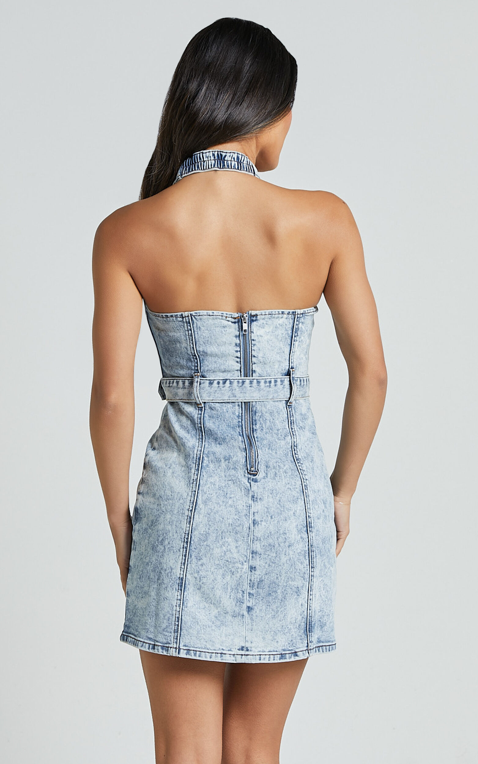 Izolda Mini Dress - Halter Neck Belted Bodycon Denim Dress in Light Blue Acid Wash