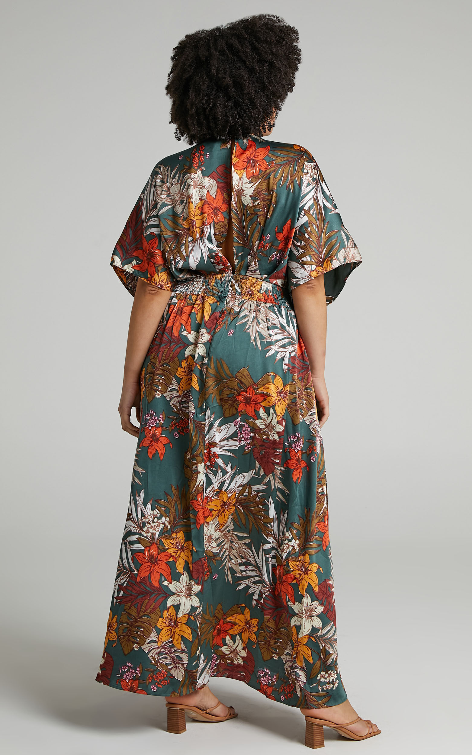 Vacay Ready Maxi Dress - Plunge Thigh Split Dress in Teal Floral Satin