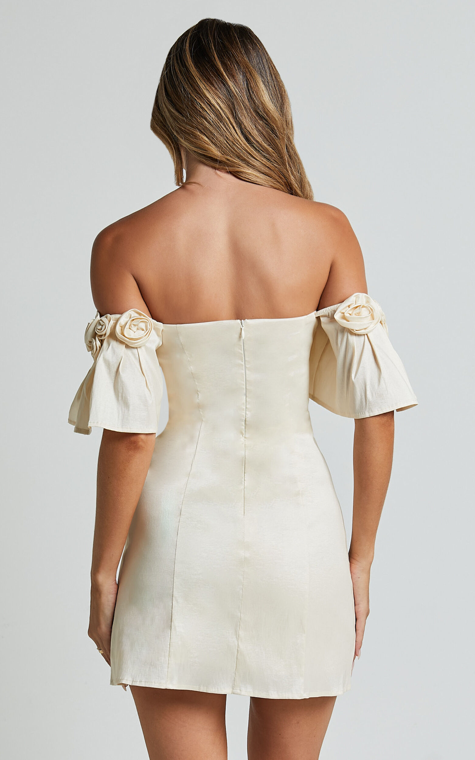 Shauna Mini Dress - Off Shoulder Rosette Detail A Line in Oyster