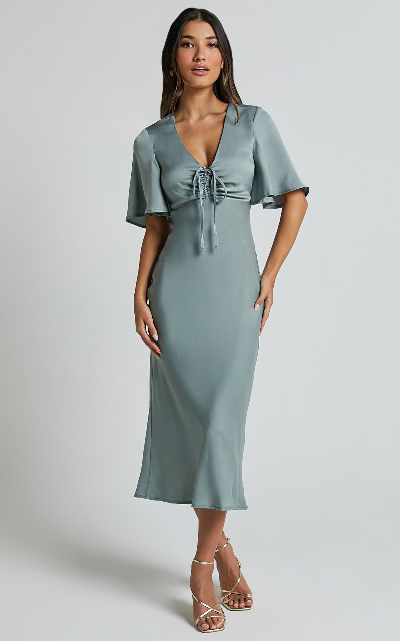 Nicholla Midi Dress - Ruched Front Angel Sleeve Slip Dress in Sage