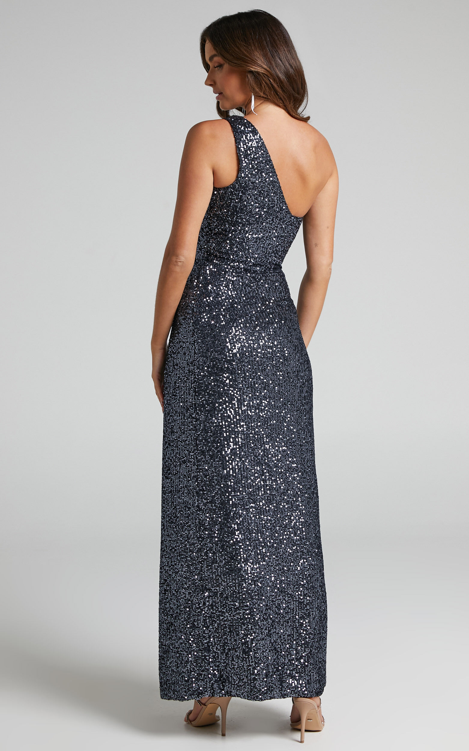 Rehyn Midi Dress - One Shoulder Asymmetric Cut Out Sequin Dress in Black