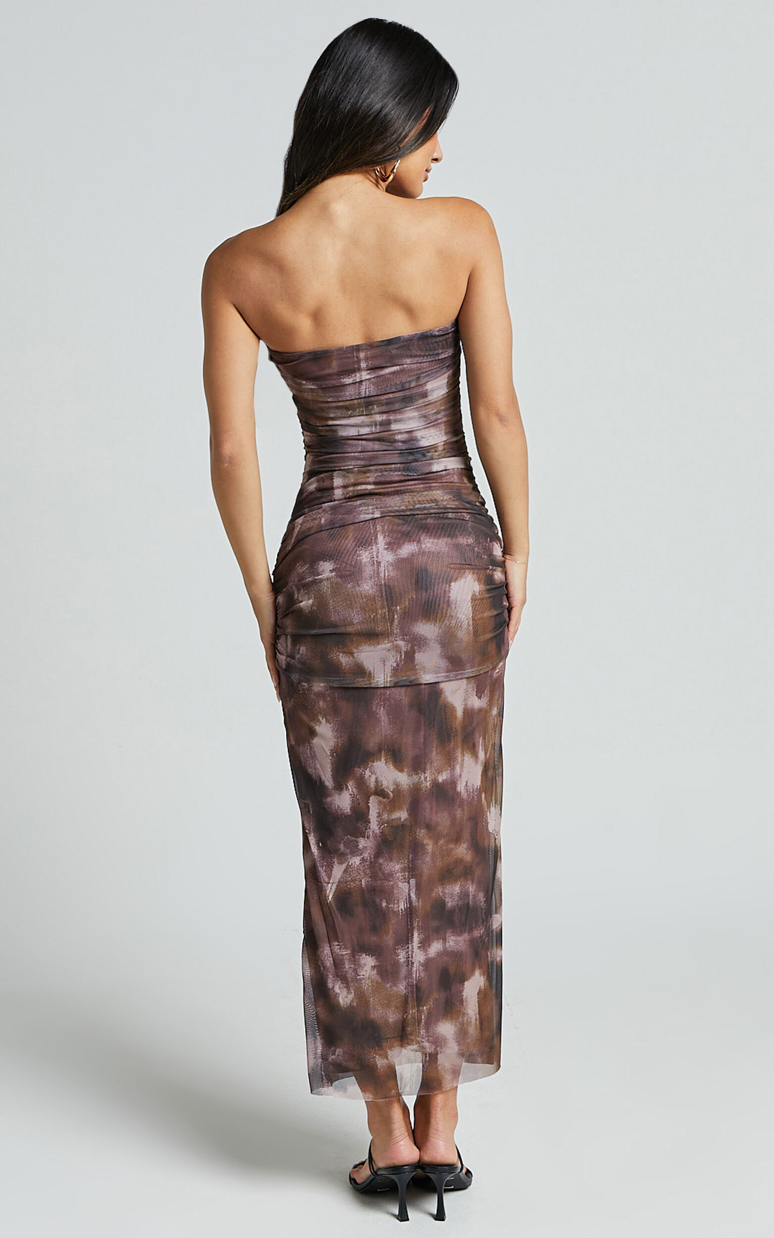 Yazmin Midi Dress - Strapless Ruched Mesh Slip Dress in Rustic Haze Print