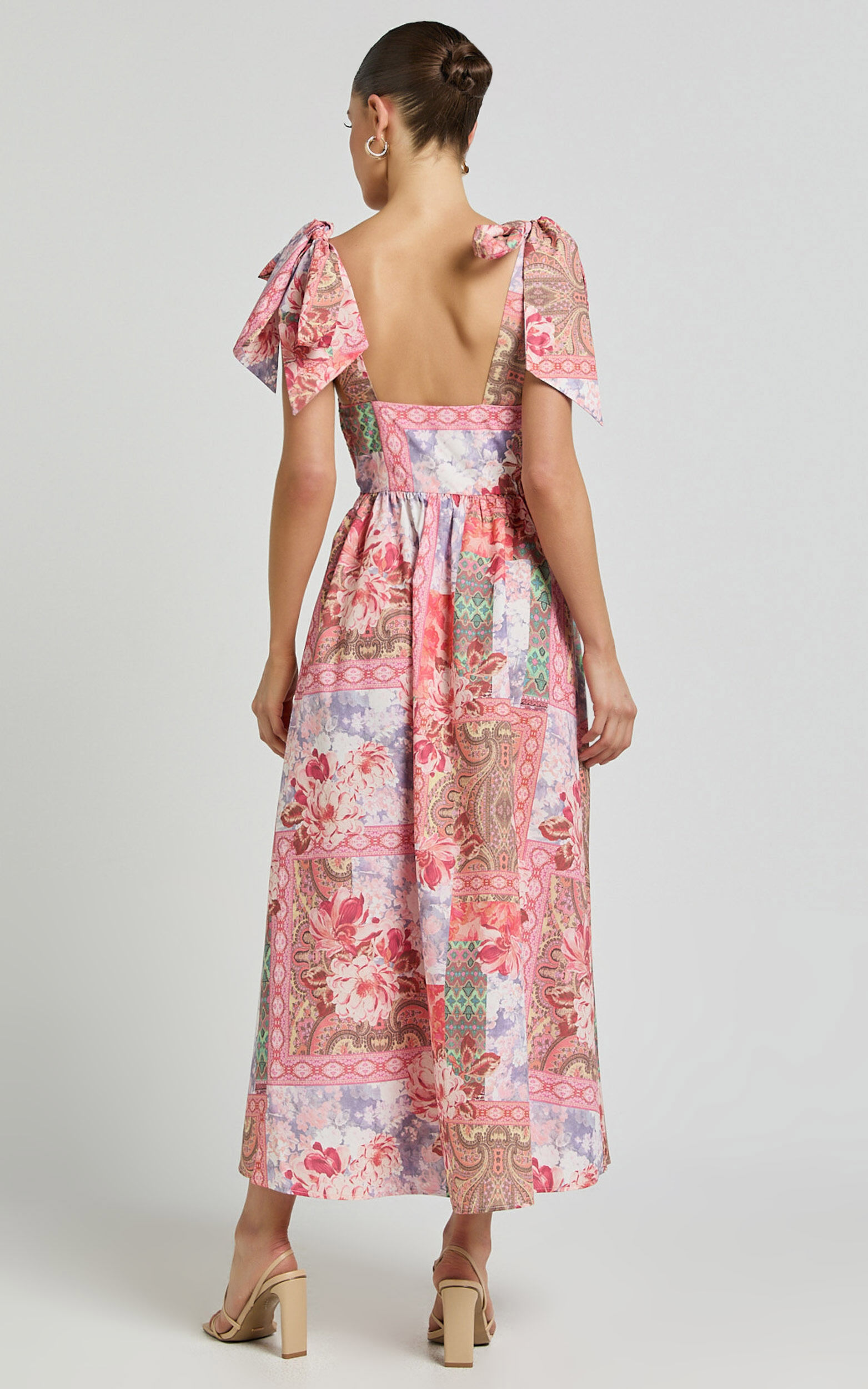 Meagan Midi Dress - Tie Shoulder Gathered Skirt Dress in Floral Mosaic Print