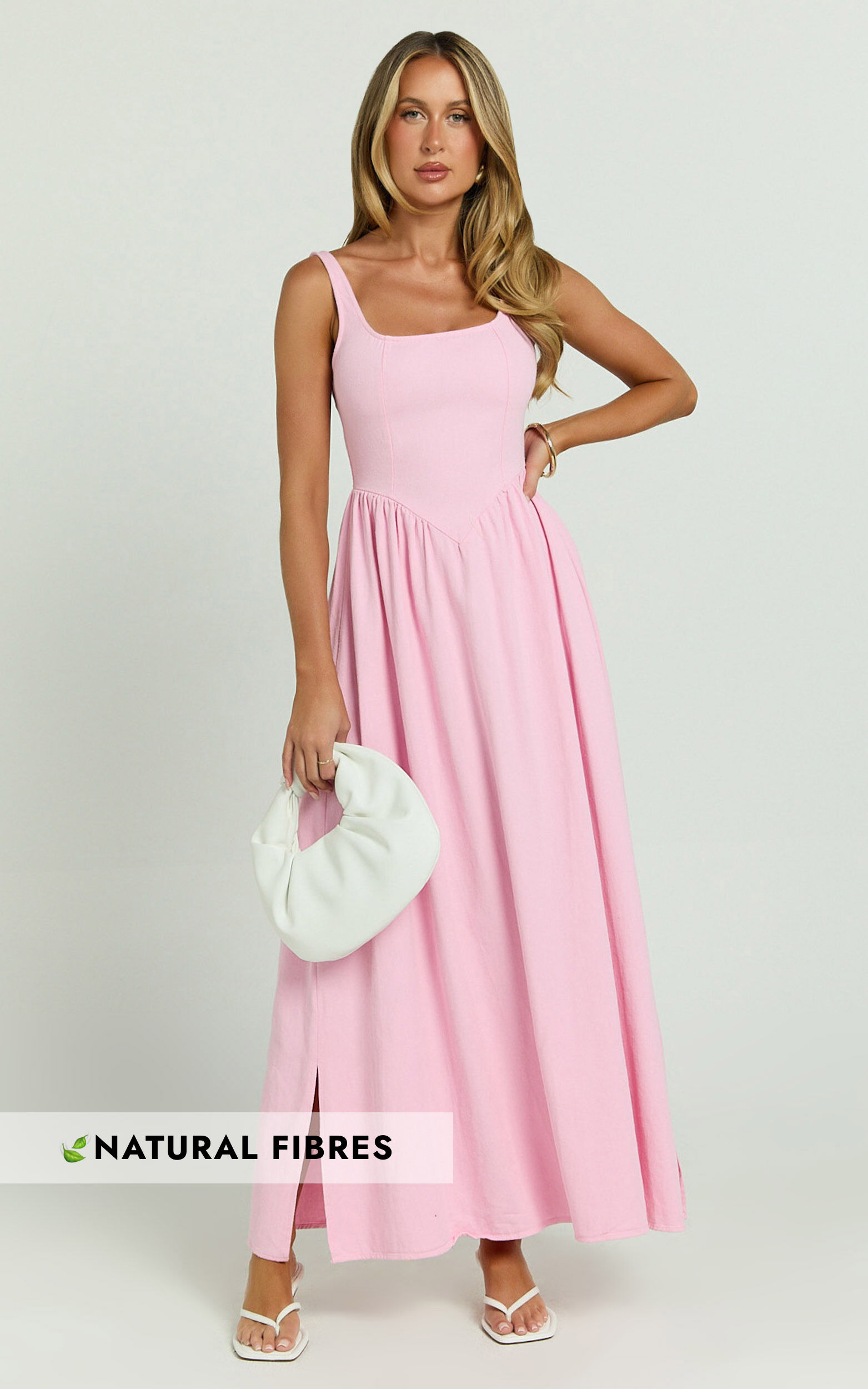 Rhaziya Midi Dress - Sleeveless Straight Neck Fit and Flare Dress in Pink