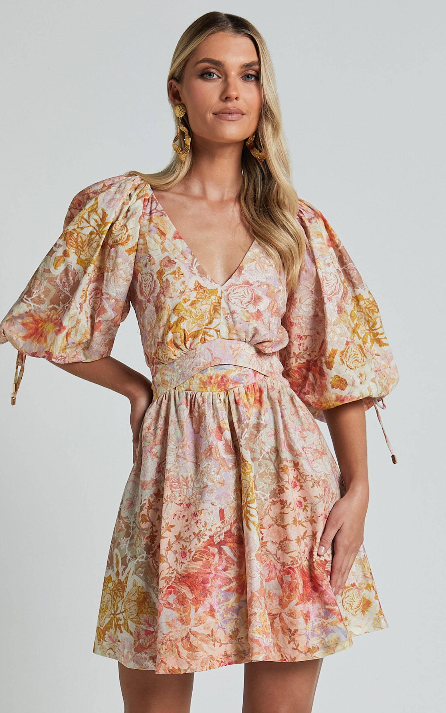 Amalie The Label - Movida Linen Blend Balloon Sleeve Crossover Band Mini Dress in Morocco Print