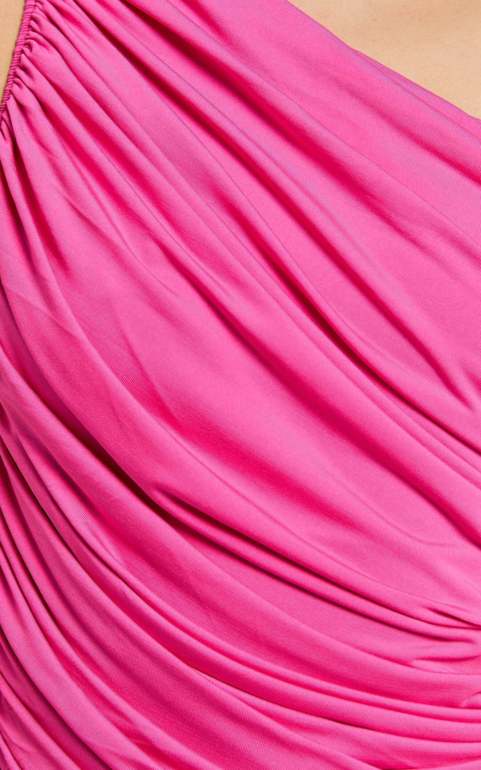 Lovlin Midi Dress - One Shoulder Ruched Dress in Fuchsia Pink