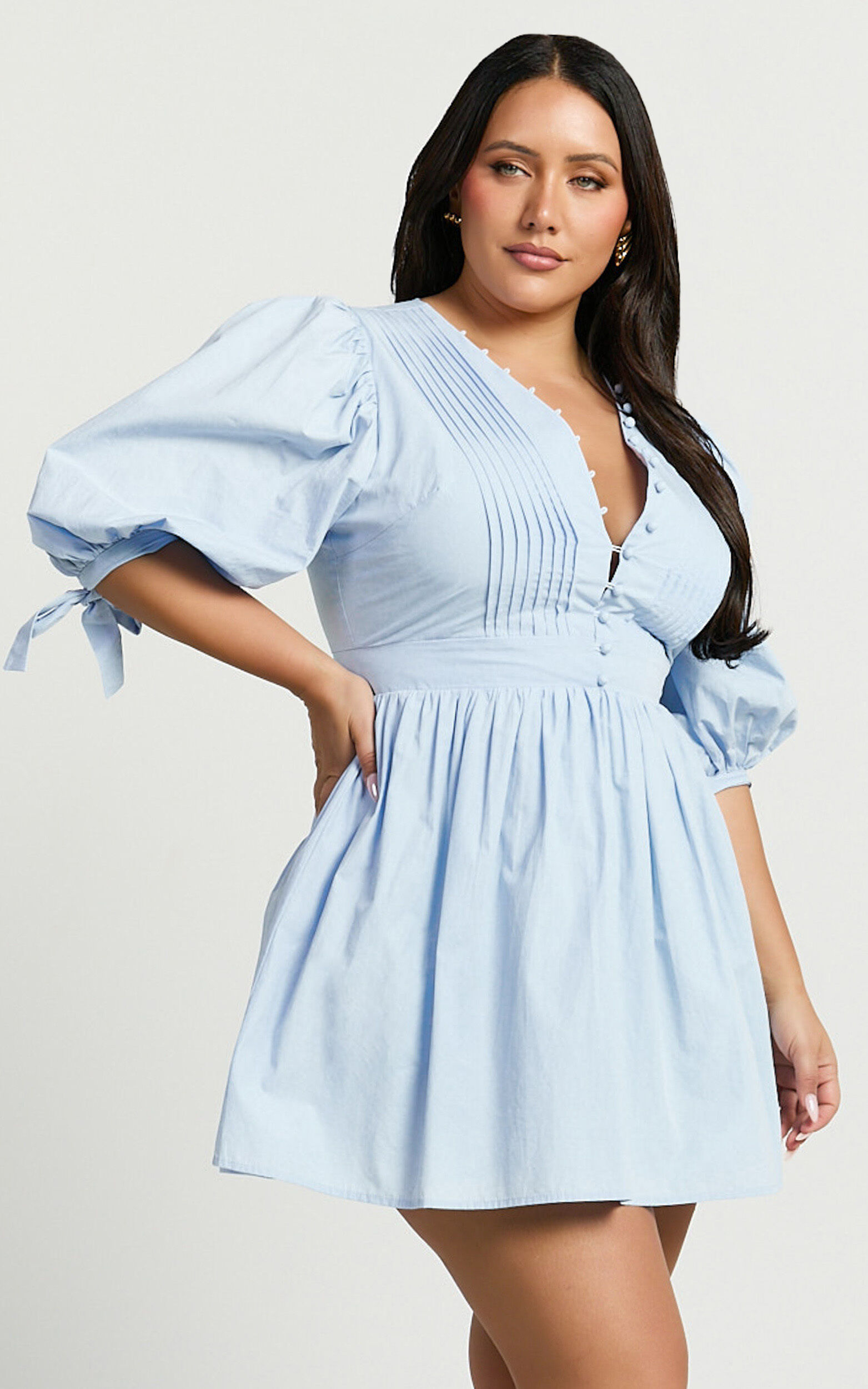Zandra Mini Dress - Puff Sleeve Poplin Dress in Icy Blue