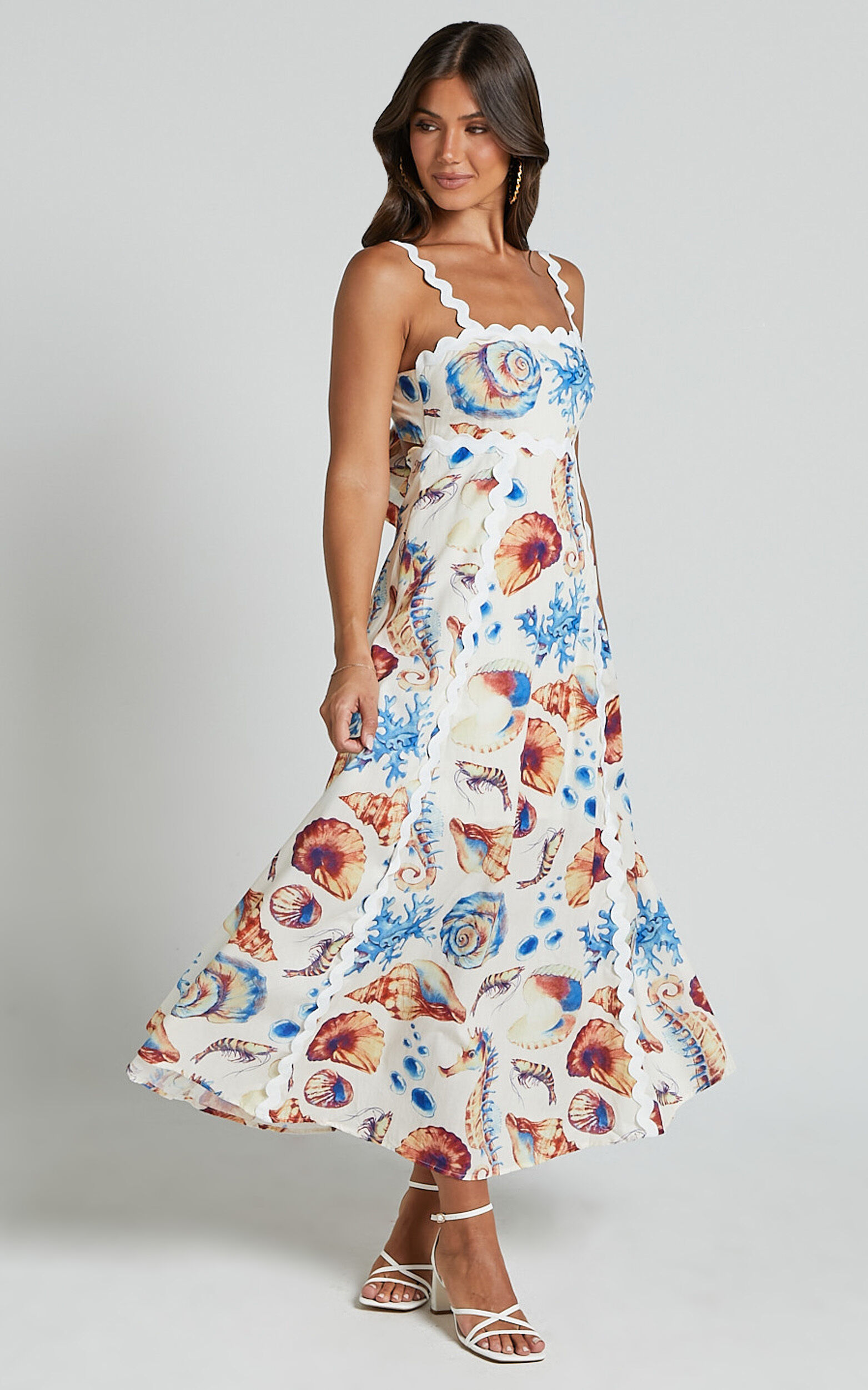 Lani Maxi Dress - Wavy Strap and Neck A Line Dress in Blue and Yellow Print