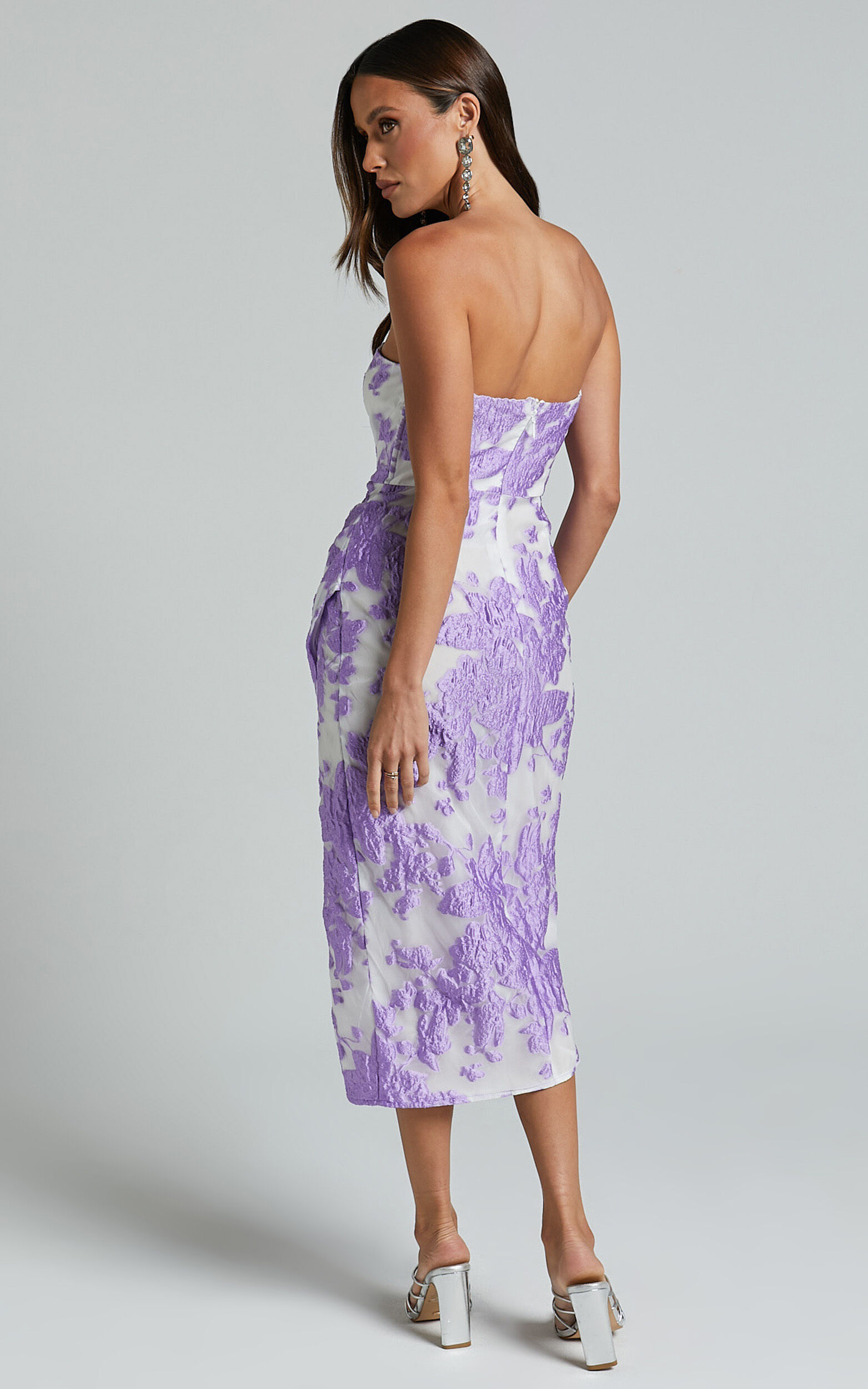 Brailey Midi Dress - Thigh Split Strapless Dress in Purple Jacquard