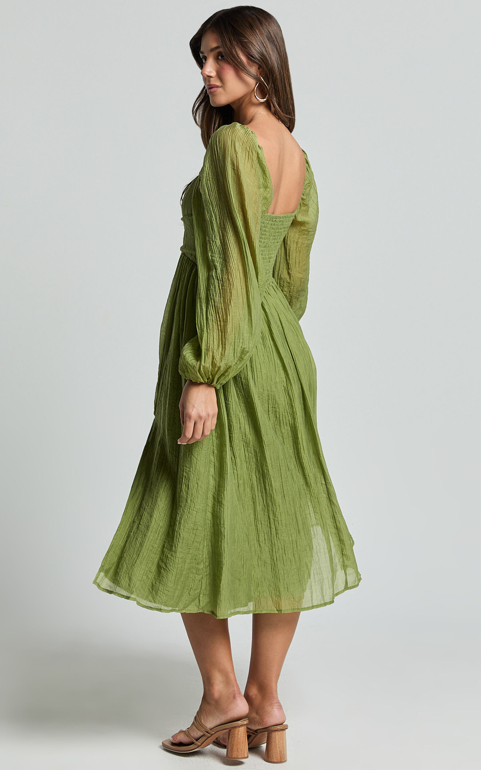 Zahara Midi Dress - Blouson Sleeve Cut Out Dress in Green