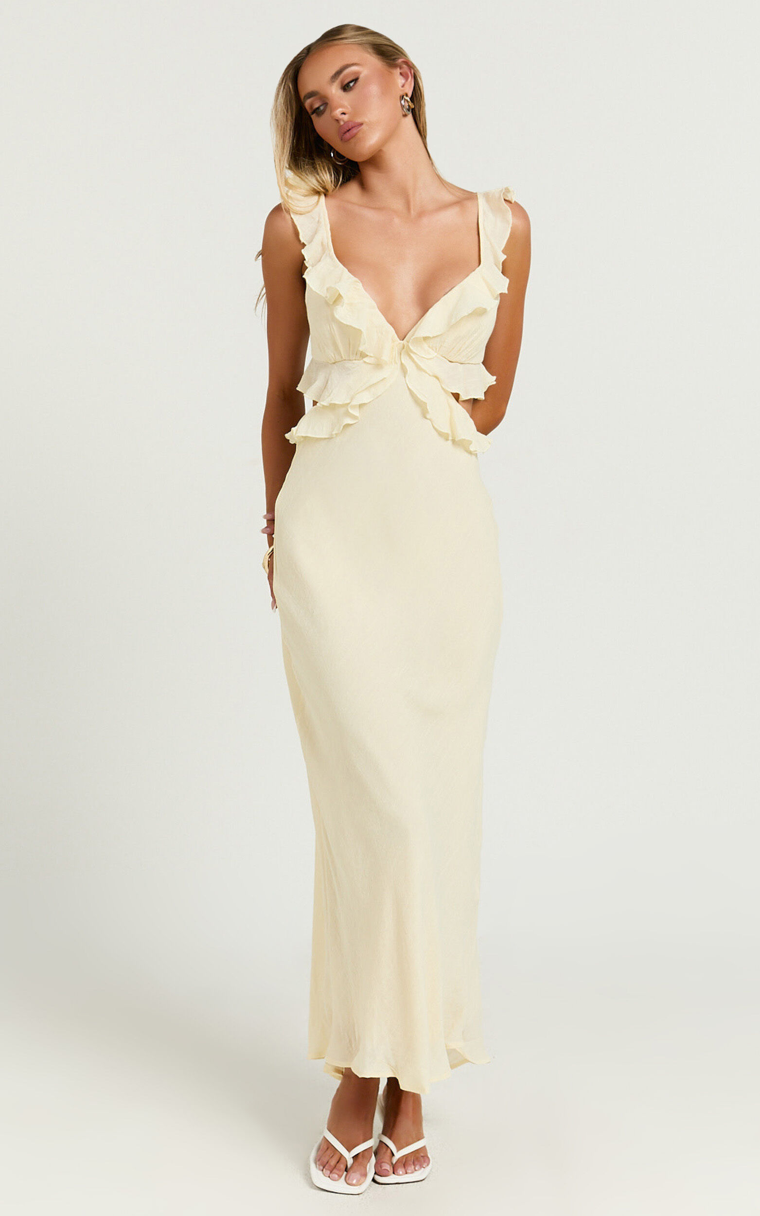 Dahlia Midi Dress - Ruffle Details Slip Dress in Lemon