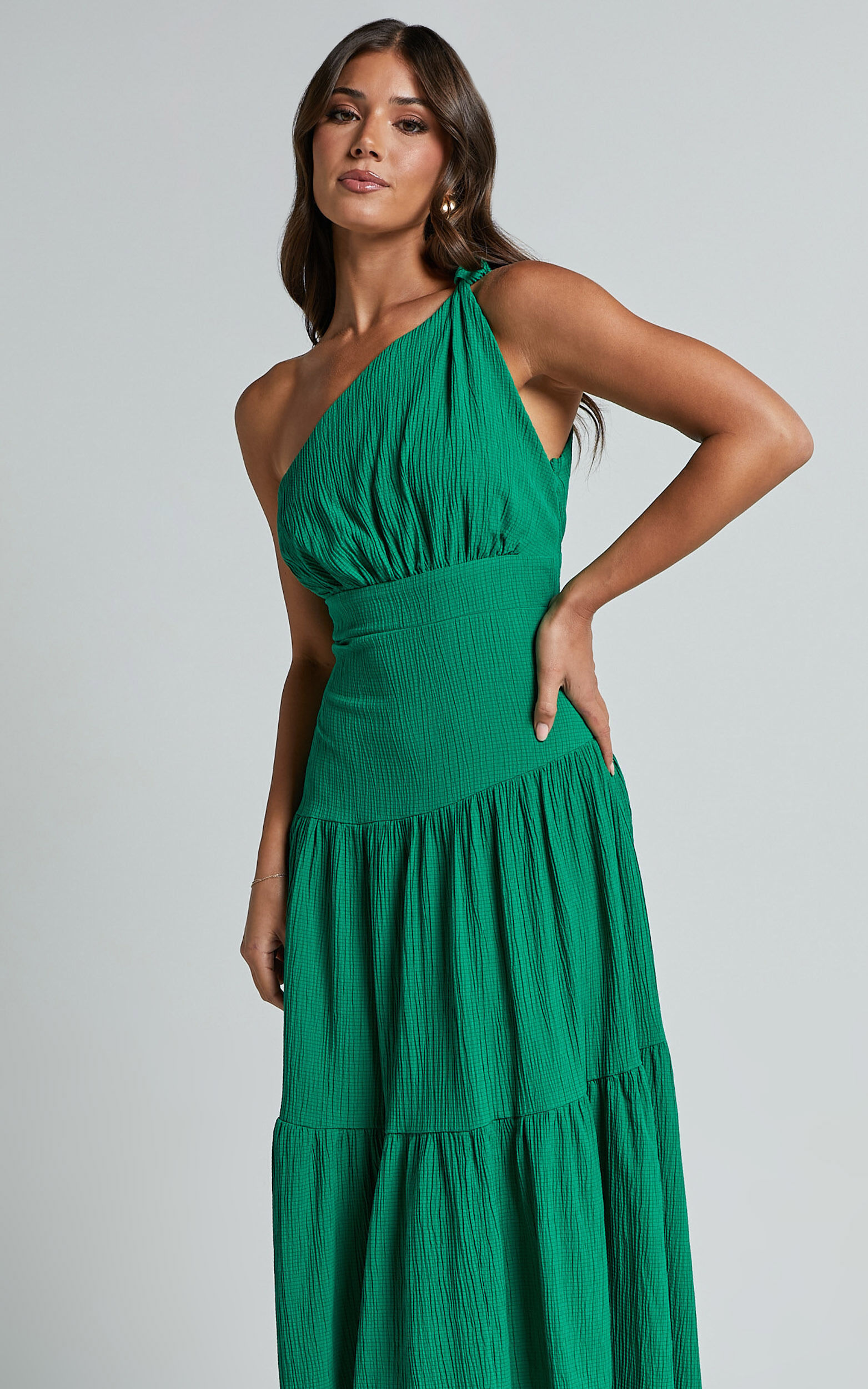 Celestia Midi Dress - Tiered One Shoulder Dress in Green