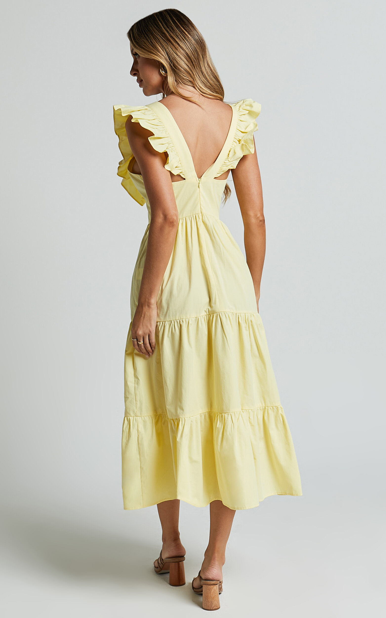 Levona Midi Dress - Ruffle Shoulder Tiered Dress in Lemon