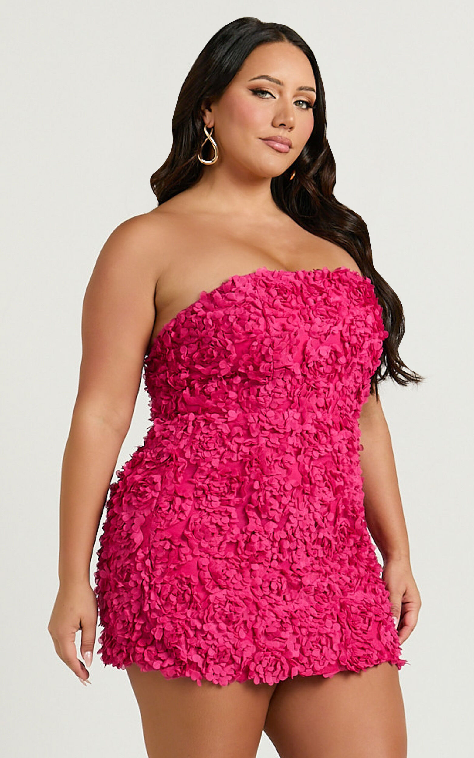 Cassia Mini Dress - Strapless 3D Floral Lace Up Back Dress in Pink