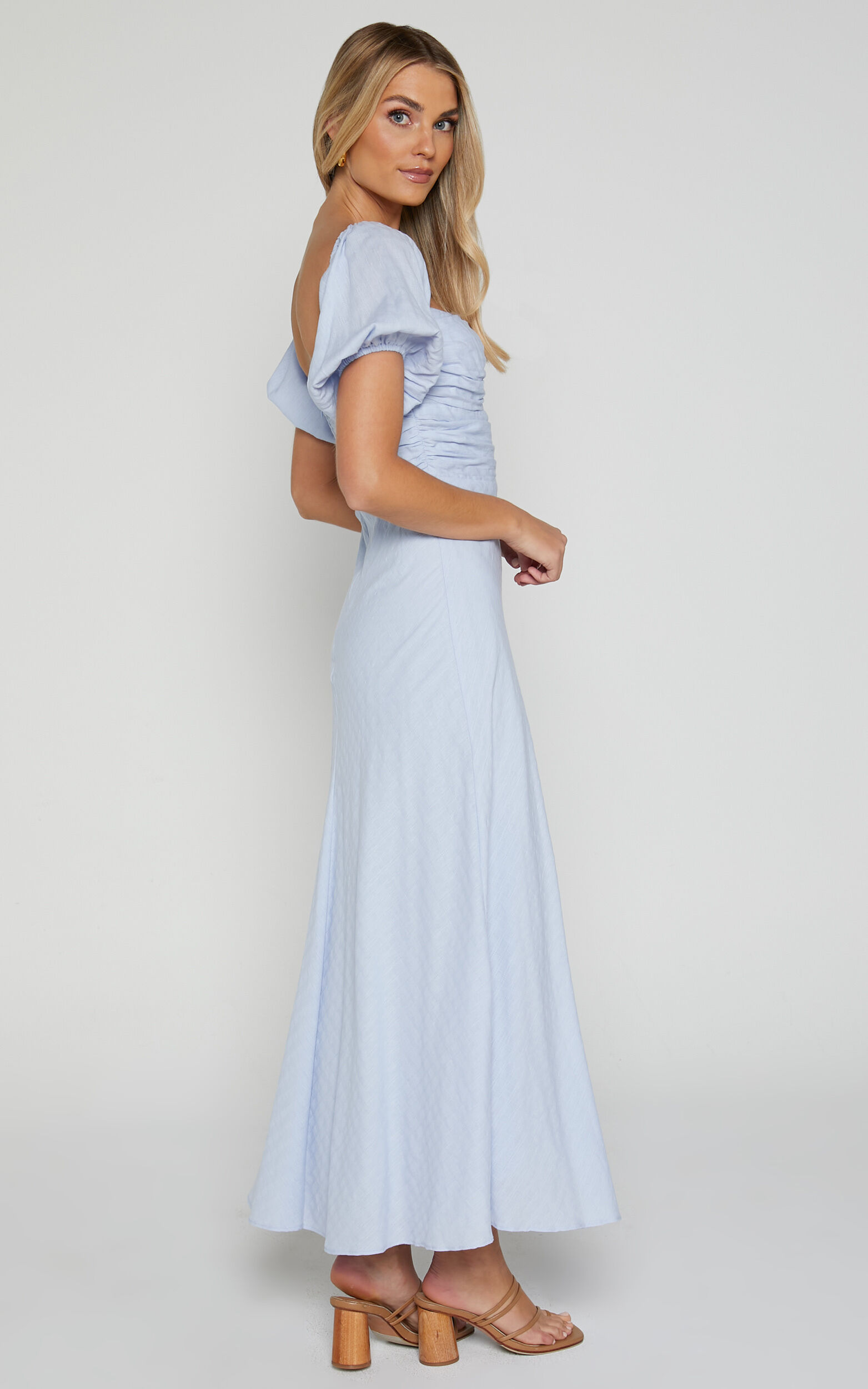 Vynna Midi Dress - Scoop Neck Puff Sleeve Ruched Bust A Line Dress in Blue