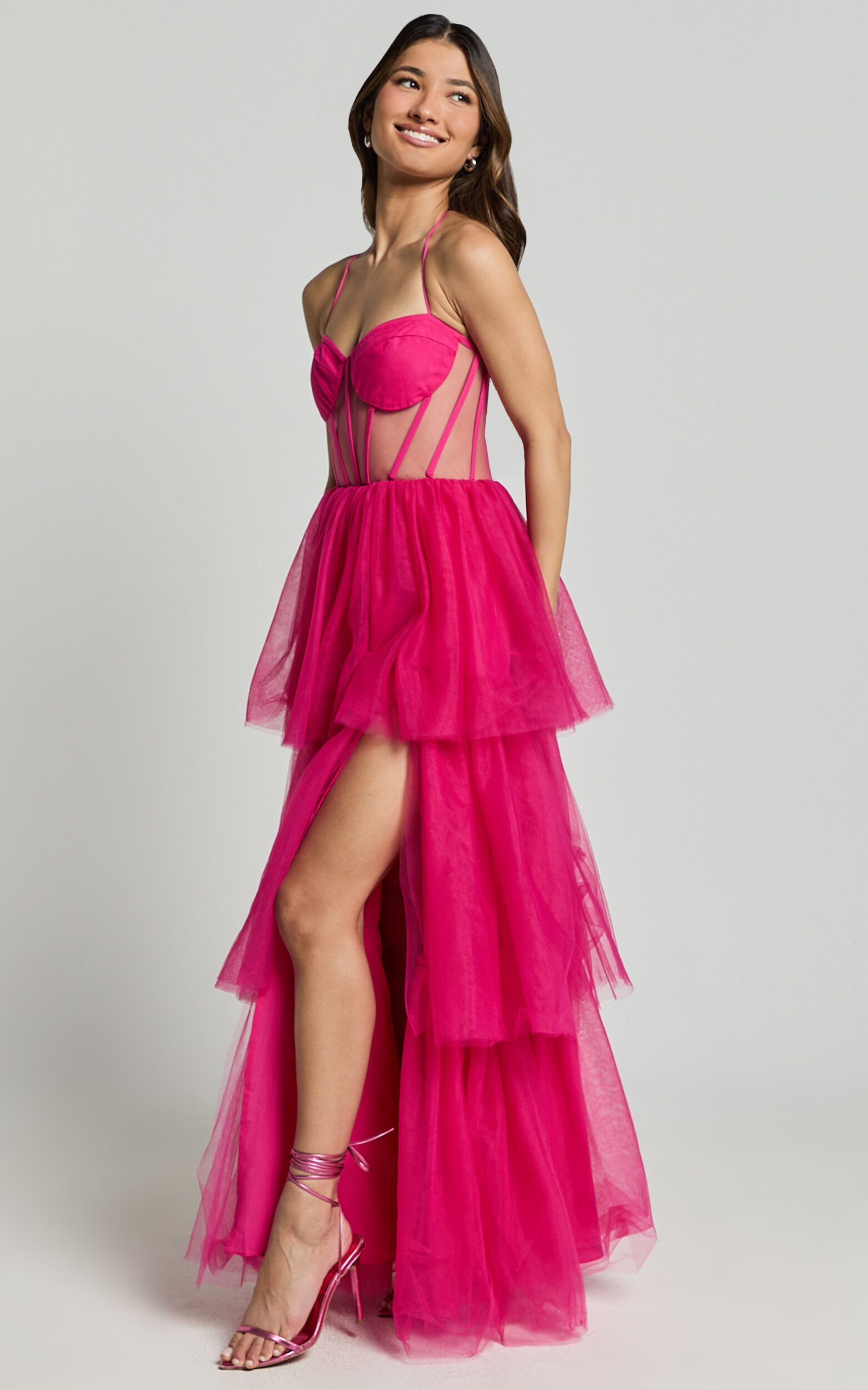 Ariel Maxi Dress - Tiered Tulle Bustier Halter Dress in Hot Pink