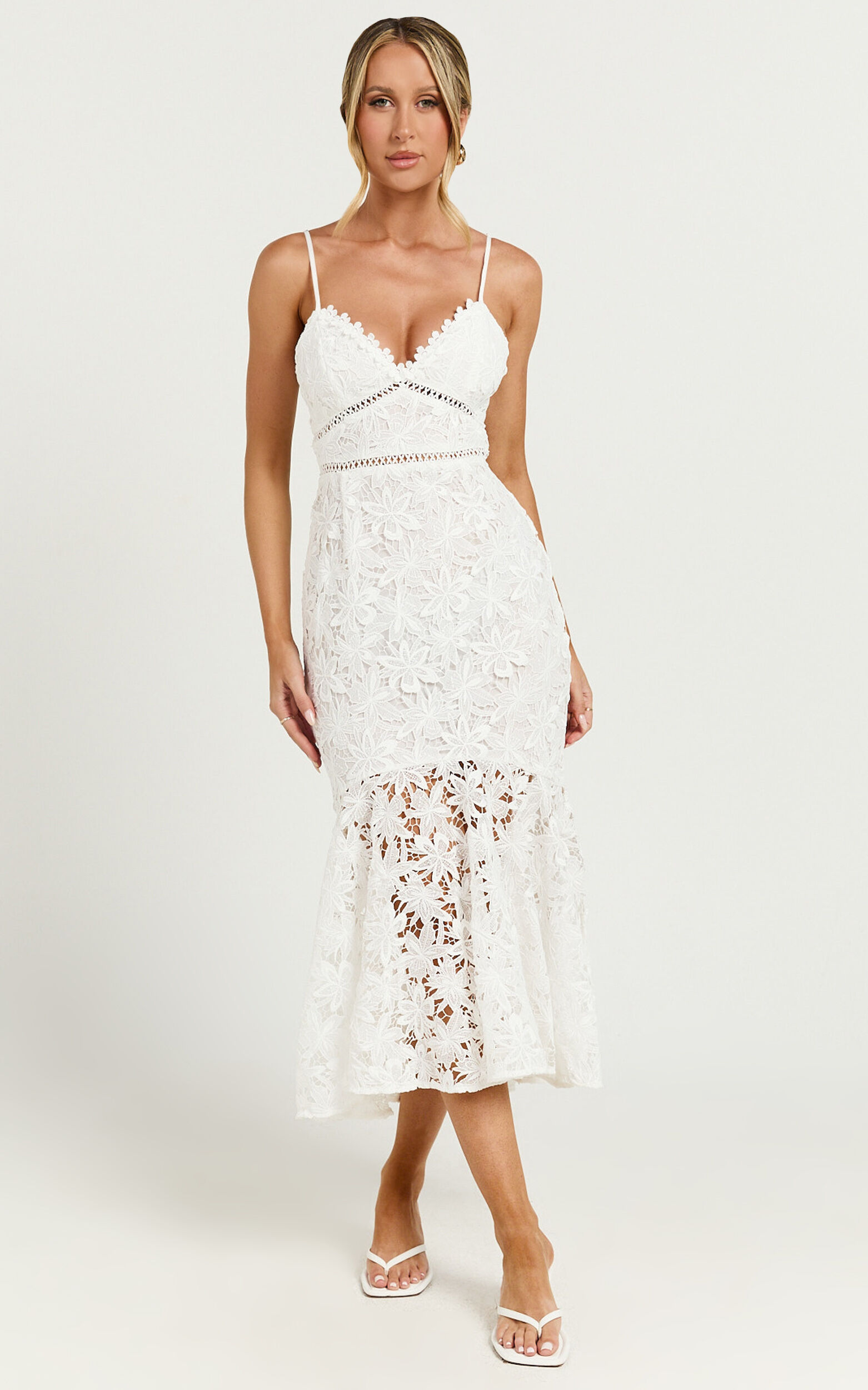 Aracely Midi Dress - Strappy Sweetheart Lace Mermaid Dress in White