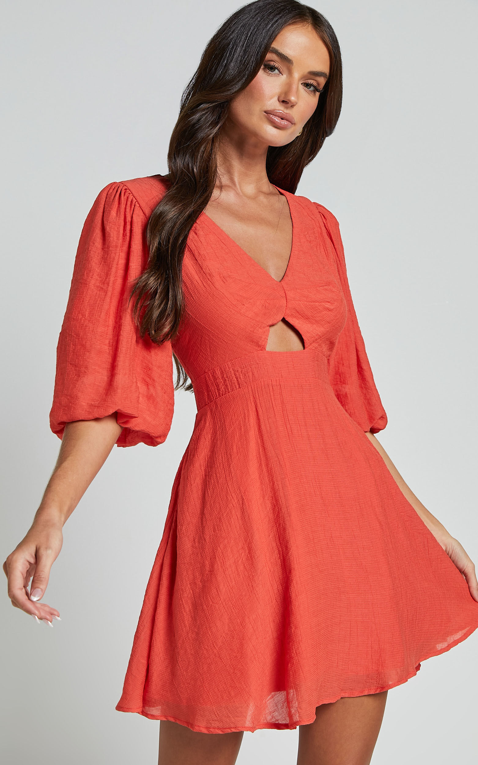 Jackielyn Mini Dress - Front Cut Out V Neck Puff Sleeve A Line Dress in Papaya