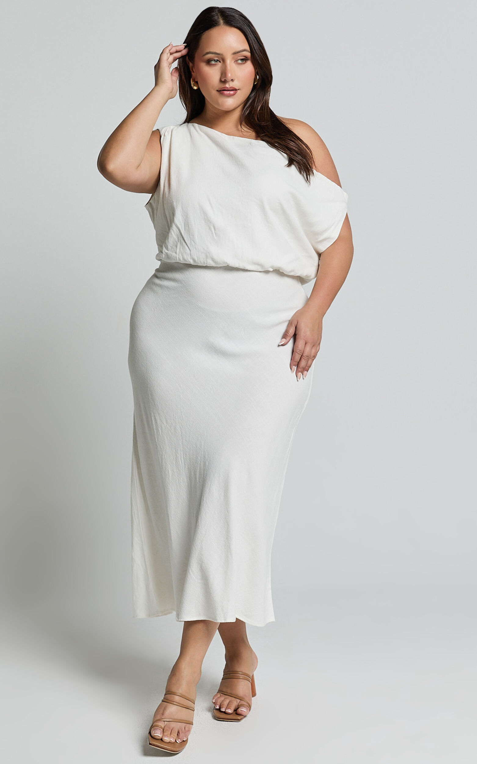 Jacqueline Midi Dress - Linen One Shoulder Dress in White