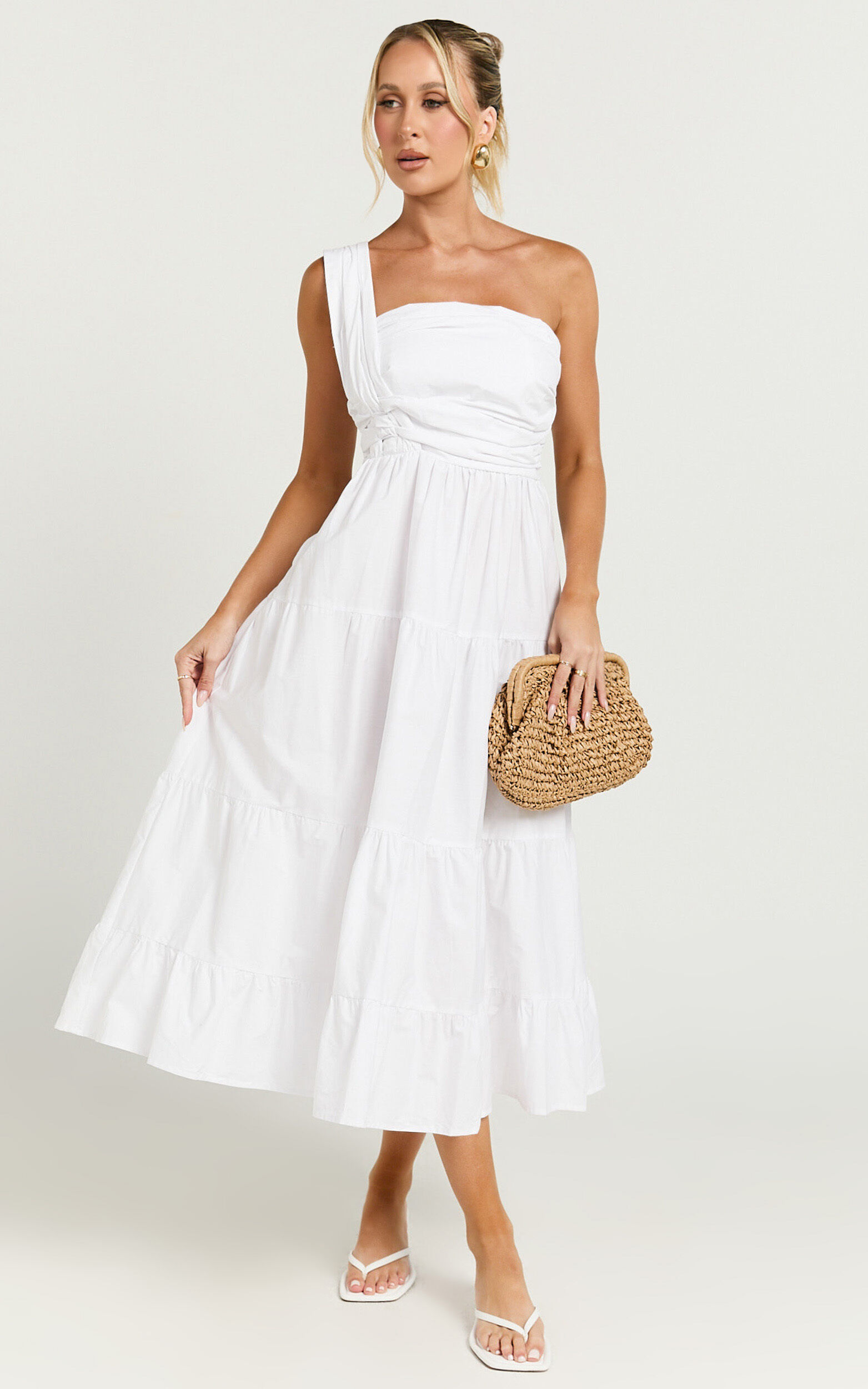 Stephanie Midi Dress - One Shoulder Tiered Midi Dress in White