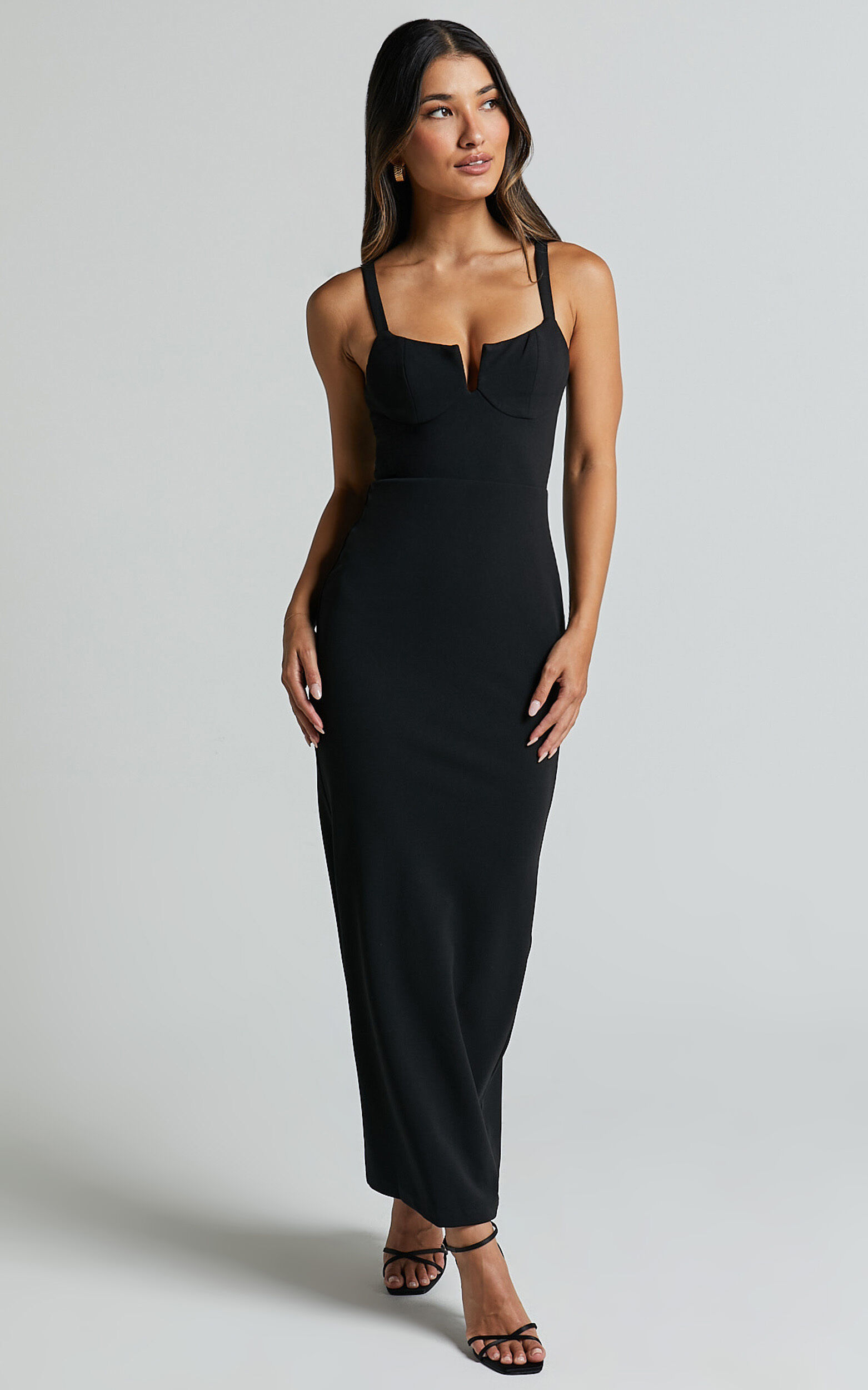 Evie Midi Dress - Strappy U Bar Sleeveless Dress in Black