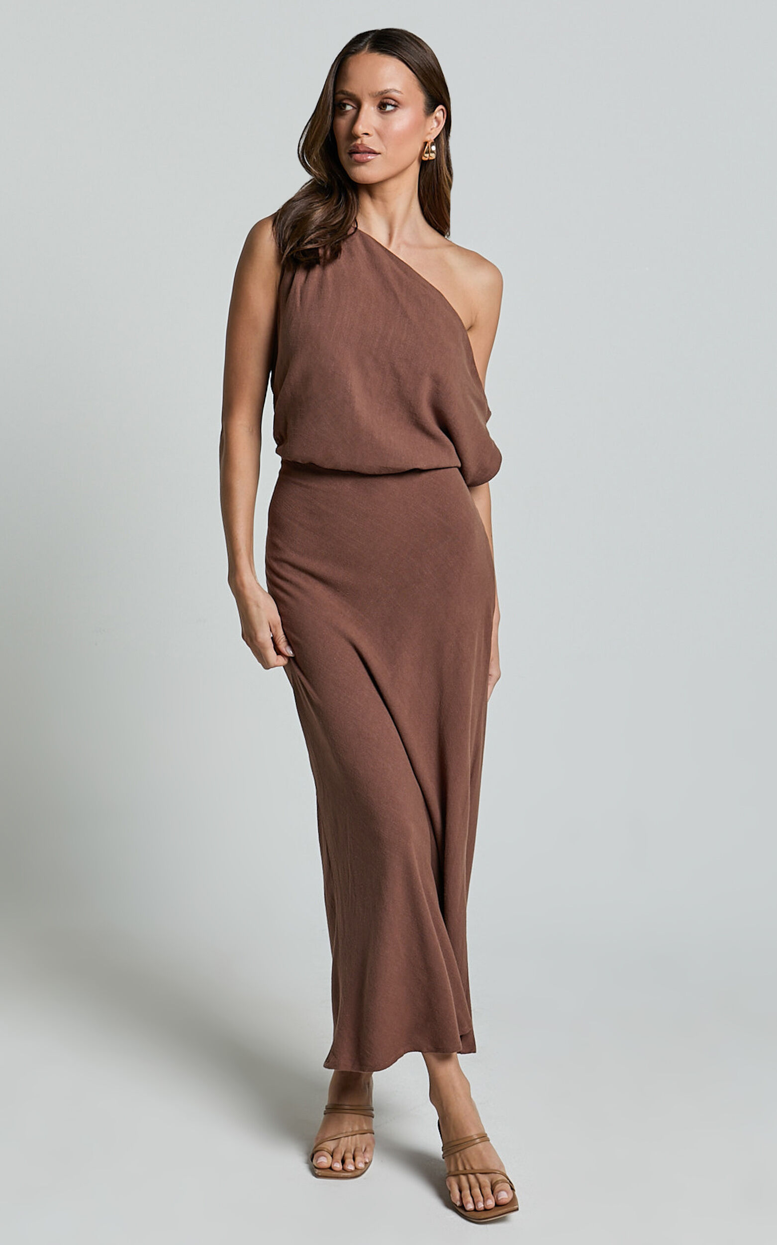 Jacqueline Midi Dress - Linen One Shoulder Dress in Chocolate