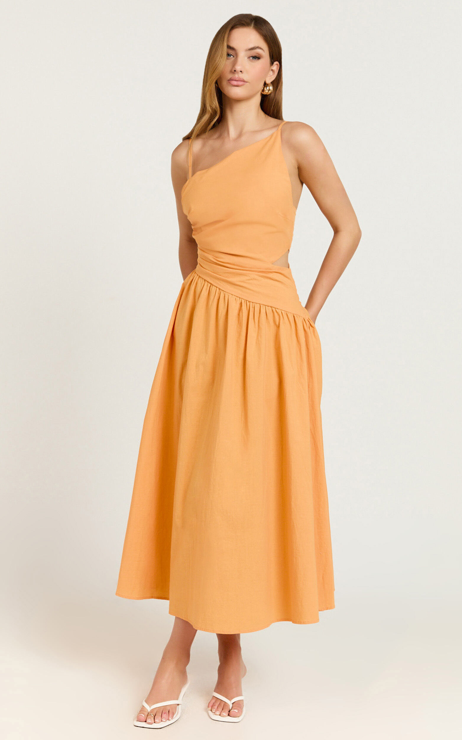 Ebony Midi Dress - Asymmetrical Cut Out Dress in Orange