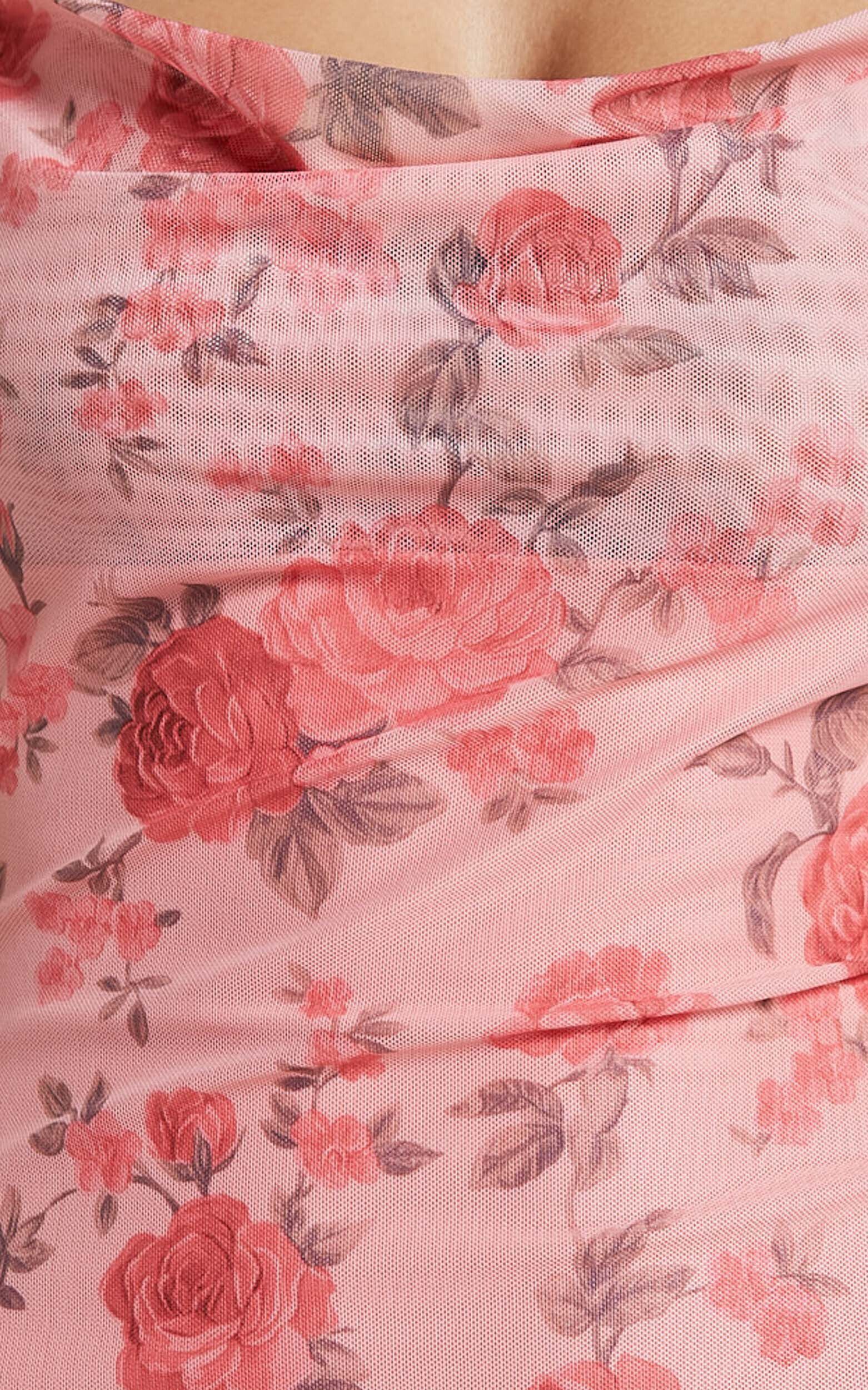 Nadine Maxi Dress - Cowl Neck Low Back Mesh Slip Dress in Pink Floral