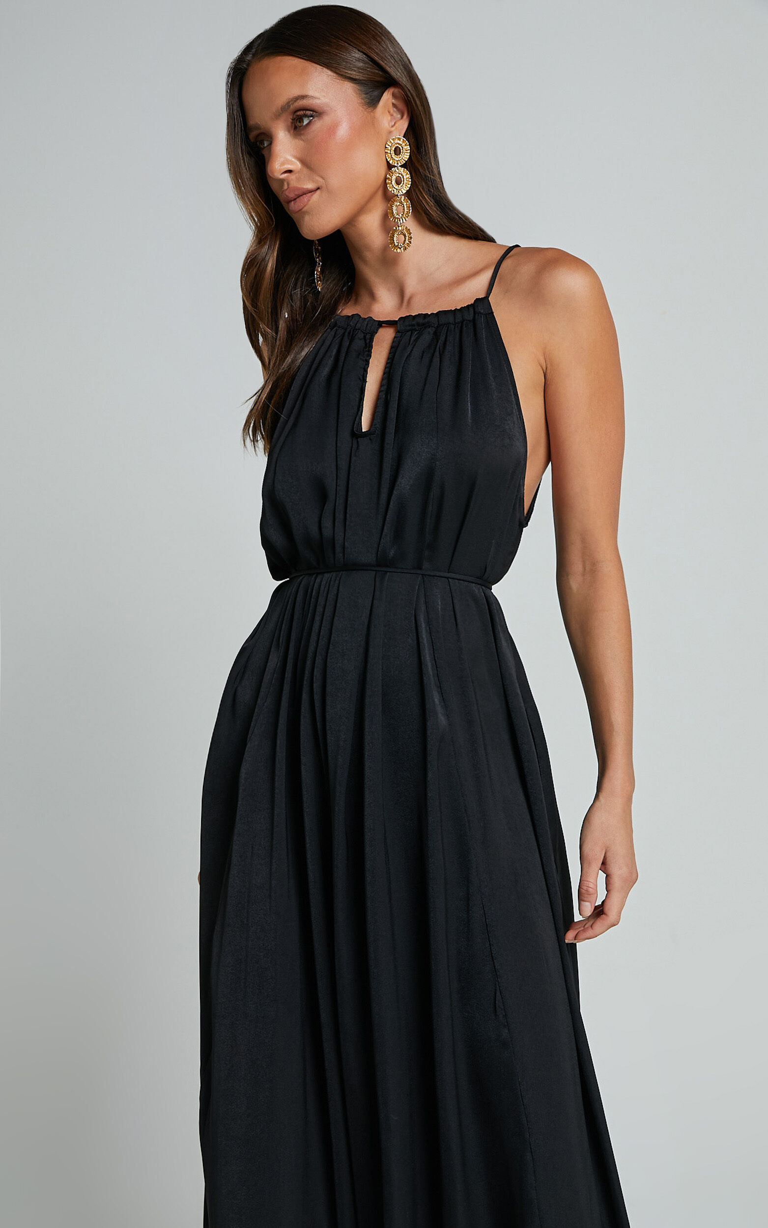 Aliciana Maxi Dress - Halter Neck Tie Back Dress in Black