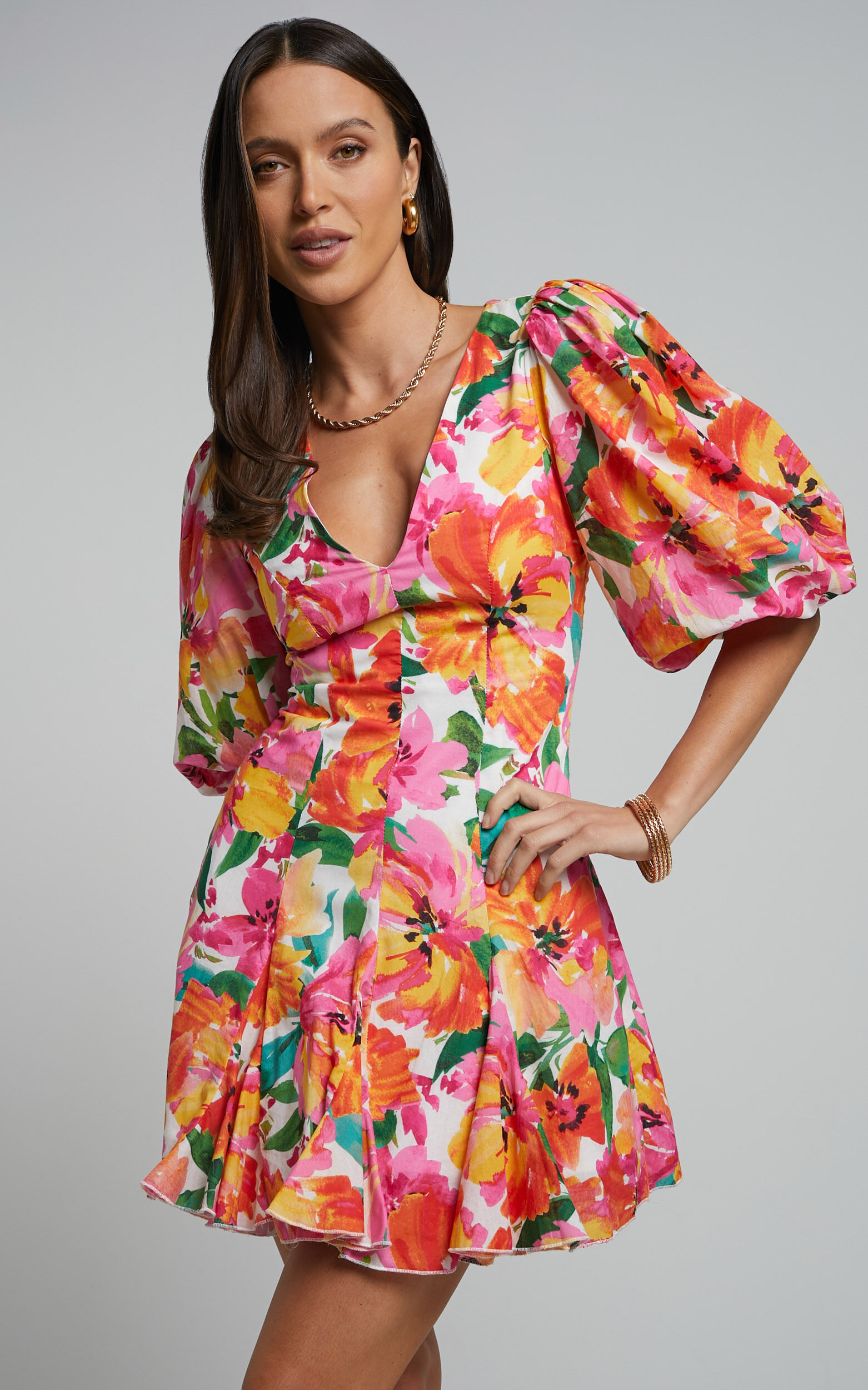 Shairah Mini Dress - V Neck Puff Sleeve Flutter Hem Dress in In Bloom