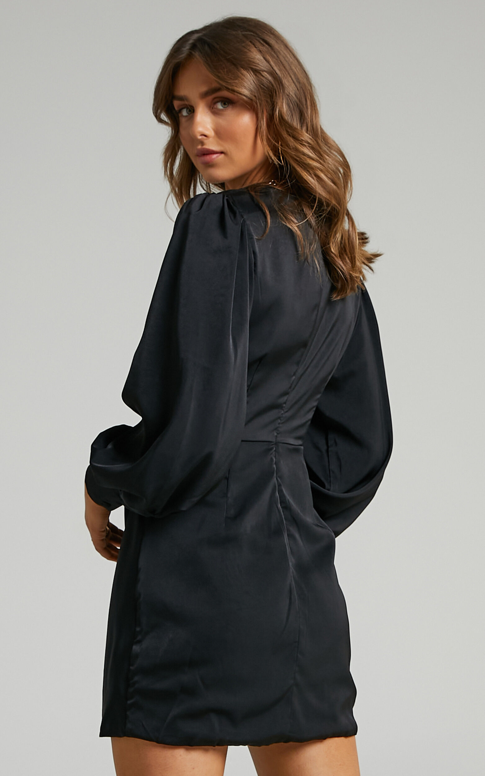 Billie Mini Dress - Twist Front Long Puff Sleeves Dress in Black