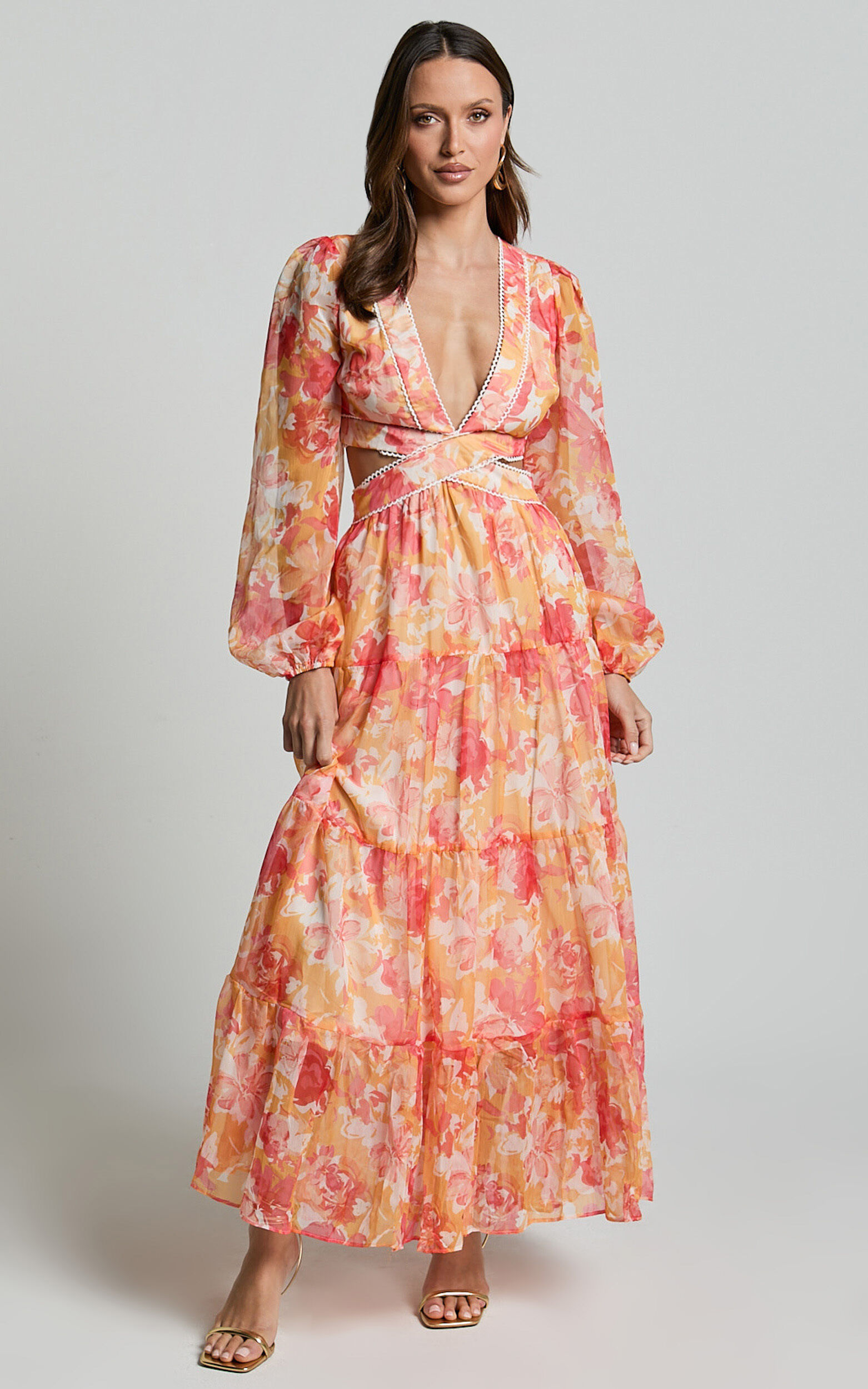 Anthea Midi Dress - V Neck Cut Out Tiered Dress in Yellow Print