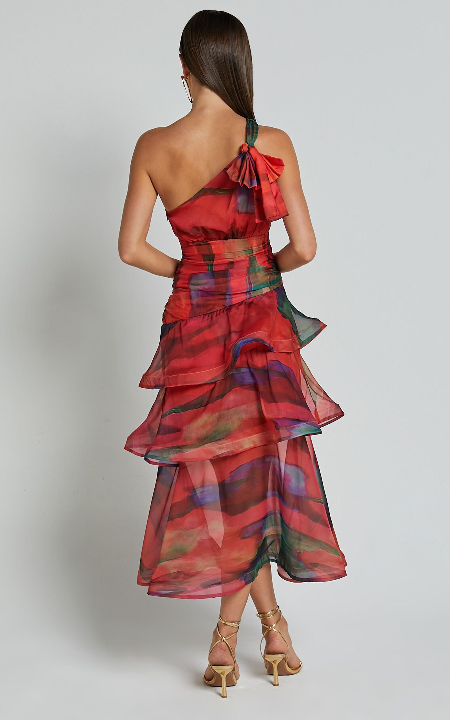 Chelsea Midi Dress - One Shoulder Tie Strap Layered Dress in Print