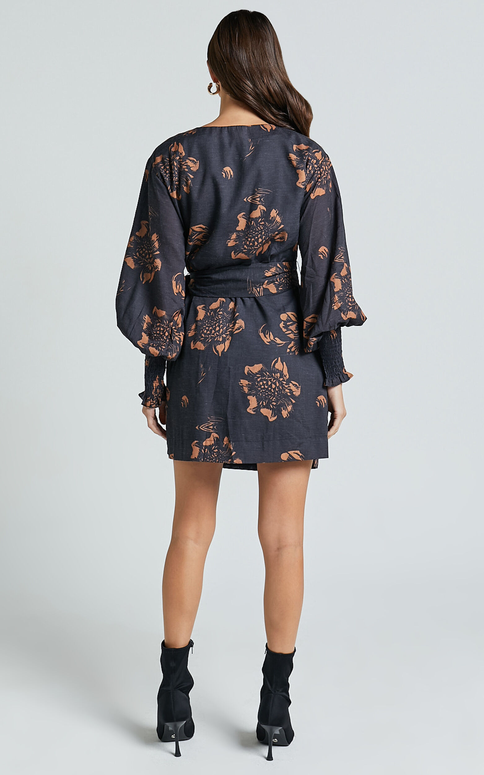 Alvinia Mini Dress - Balloon Long Sleeve Wrap Dress in Black Print