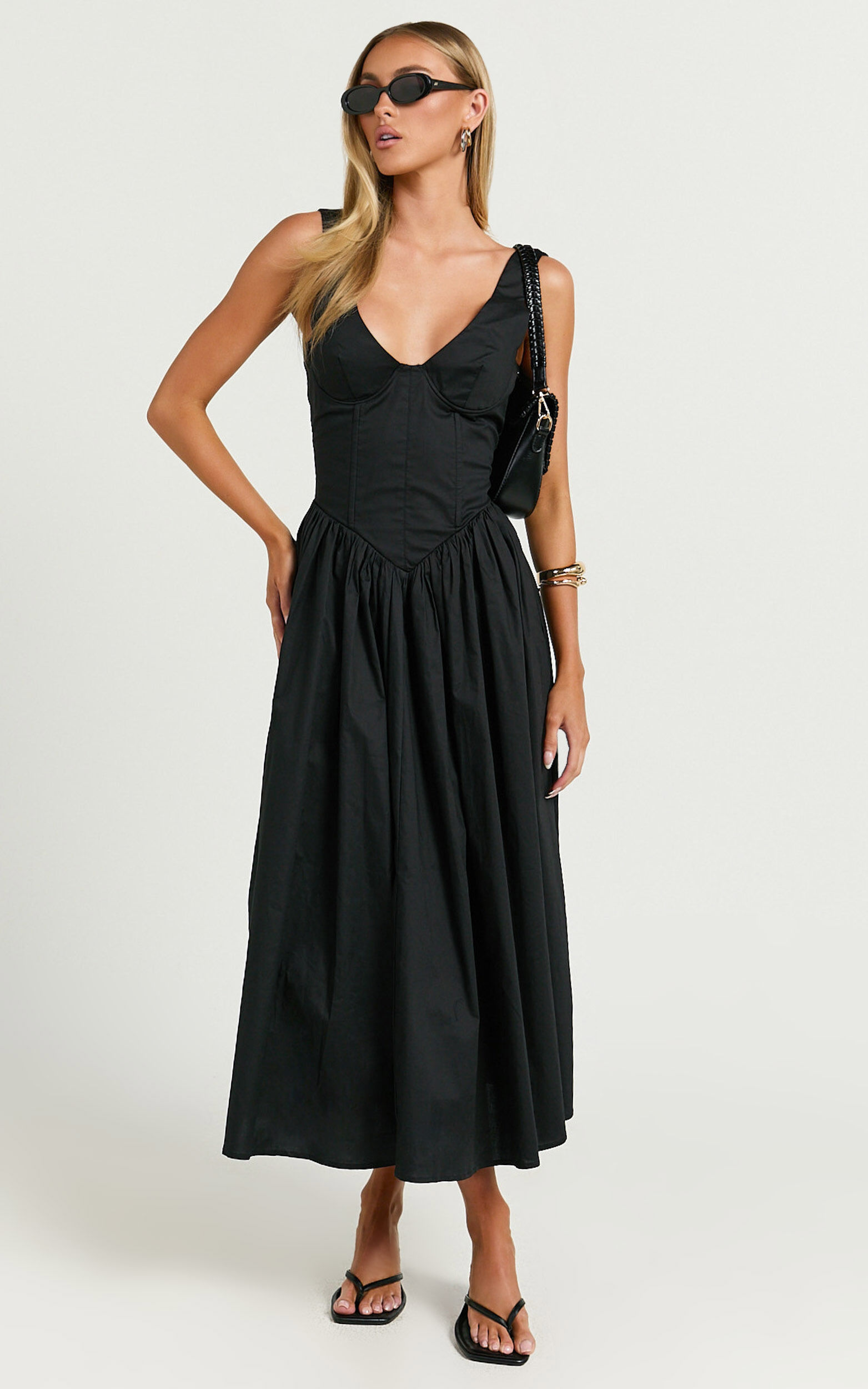 Beckett Midi Dress - Scoop Neck Drop V Waist Gathered Skirt Dress in Black