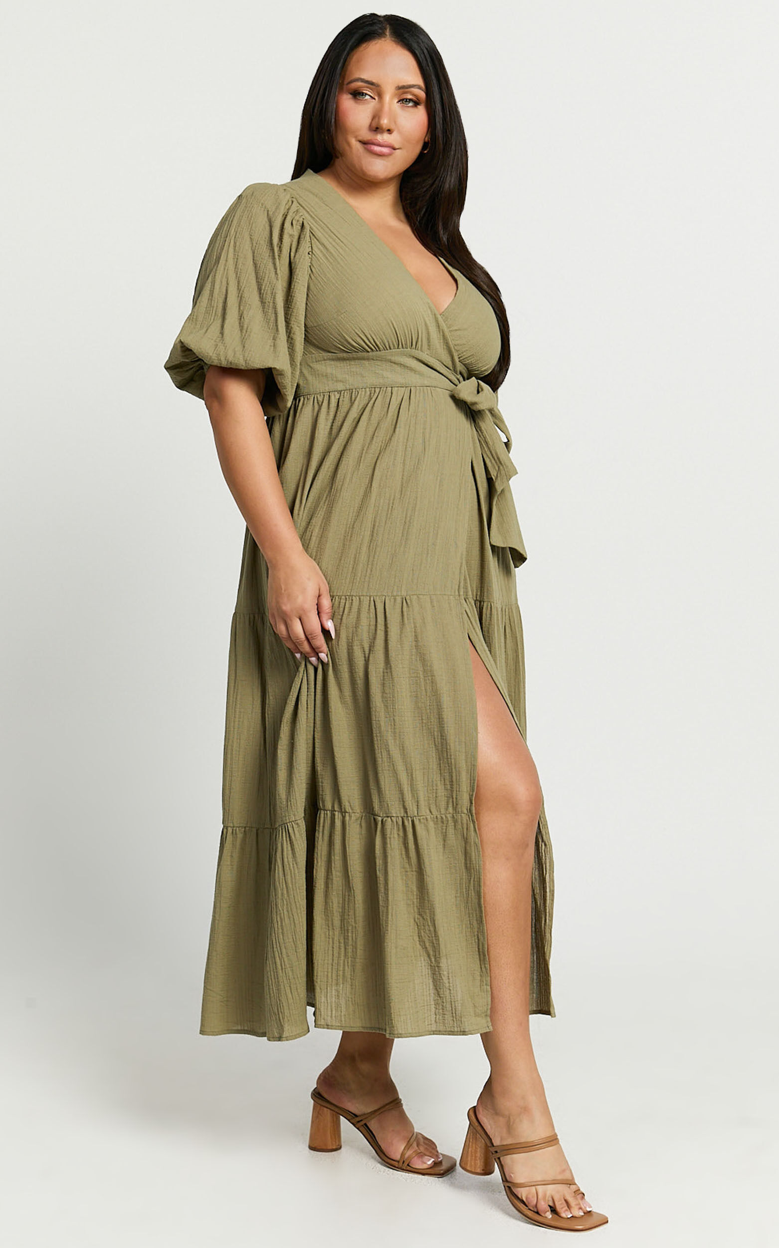 Penelope Wrap Front Puff Sleeve Midi Dress in Olive