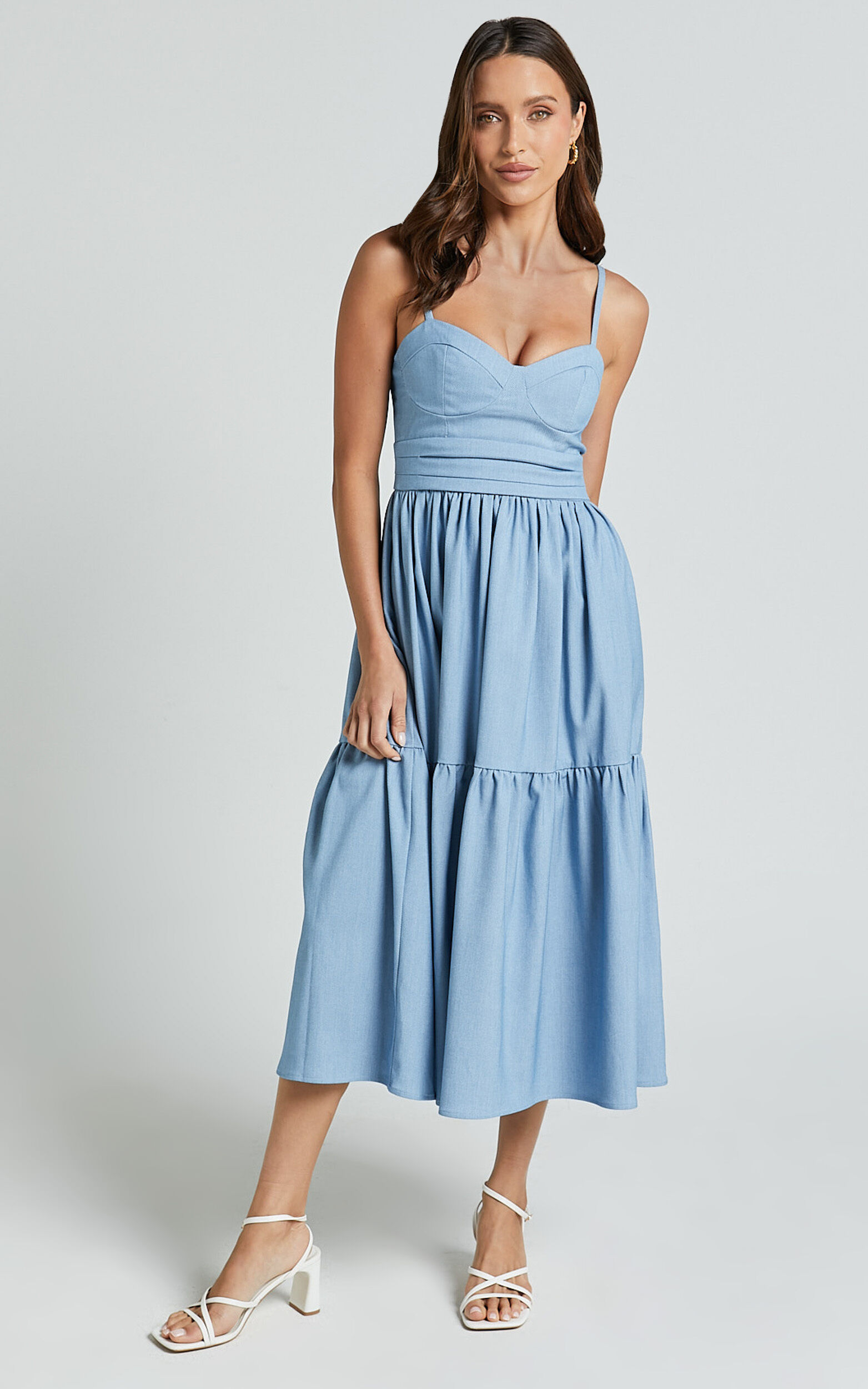 Gem Midi Dress - Strappy Sweetheart Tier Dress in Light Blue