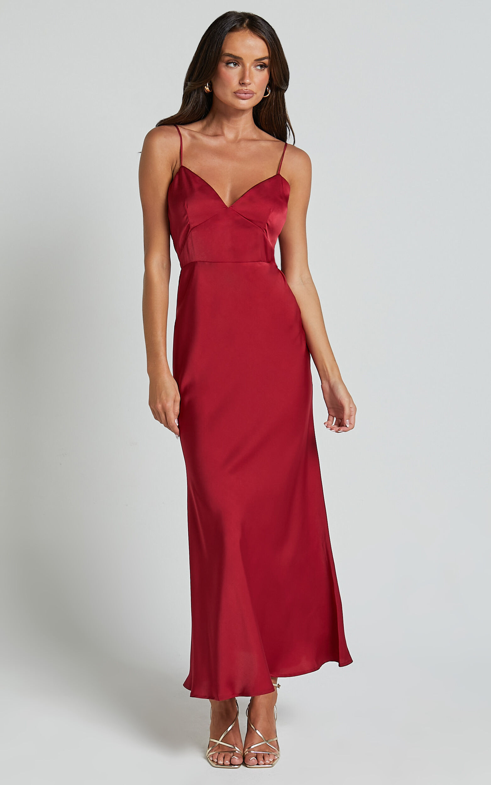 Jovana Midi Dress - Bust Panel Detail Satin Slip Dress in Wine
