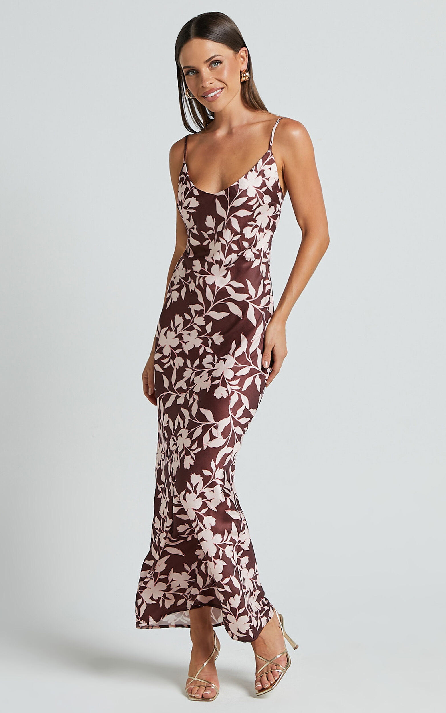 Charesse Maxi Dress - Satin Bias Cut Scoop Neck Low Back Slip Dress in Choc Floral