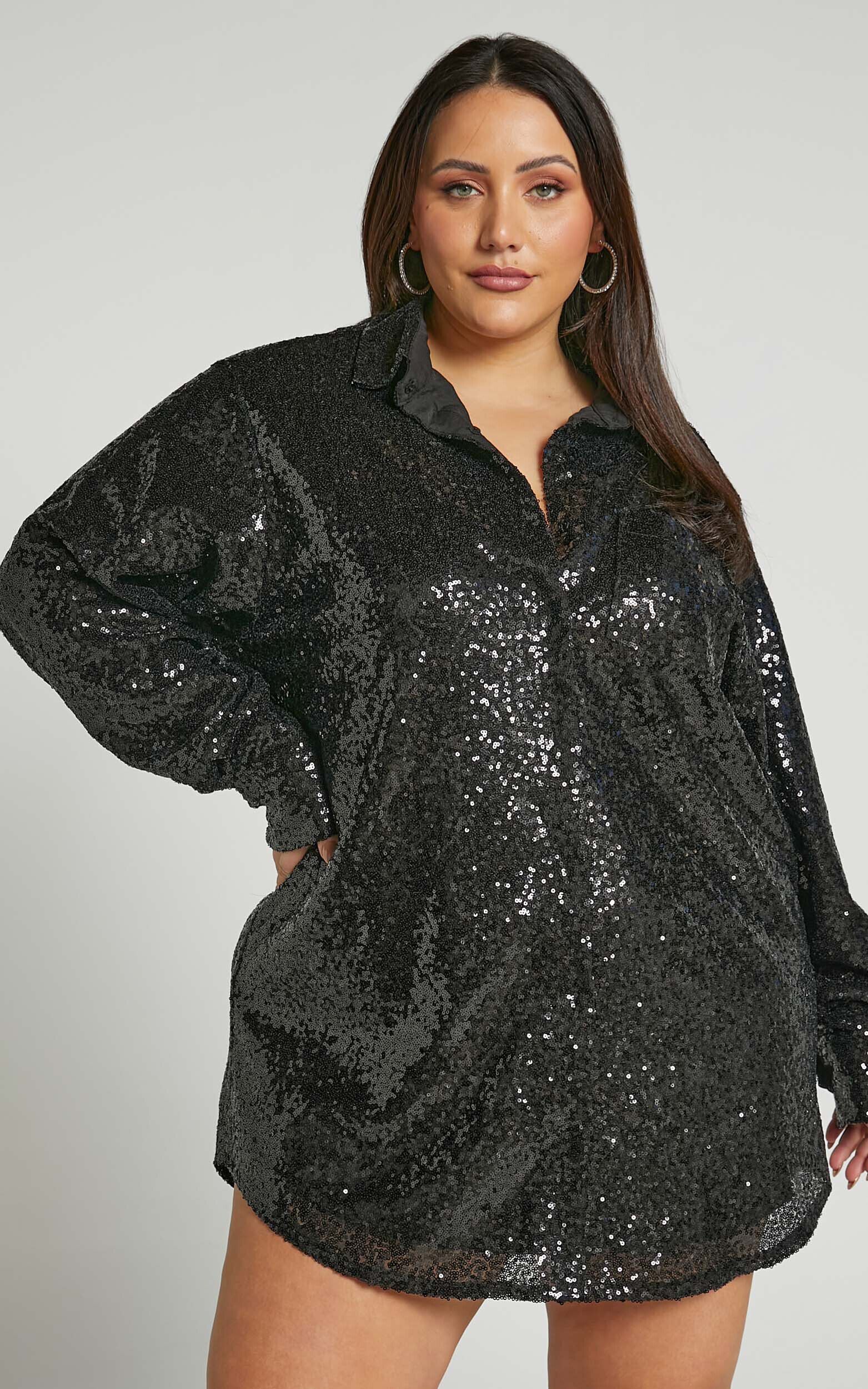 Cally Mini Dress - Oversized Shirt Dress in Black Sequin