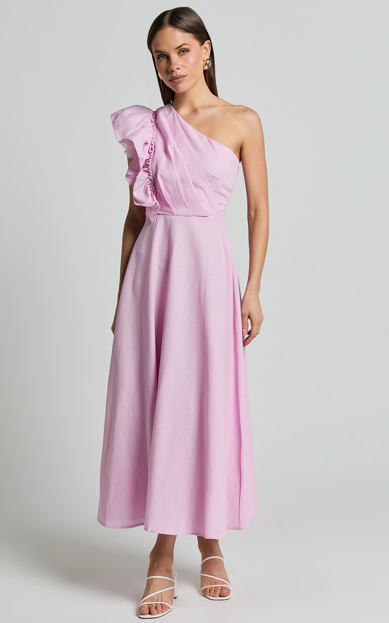 Dixie Midi Dress - Linen Look One Shoulder Ruffle Dress in Pink